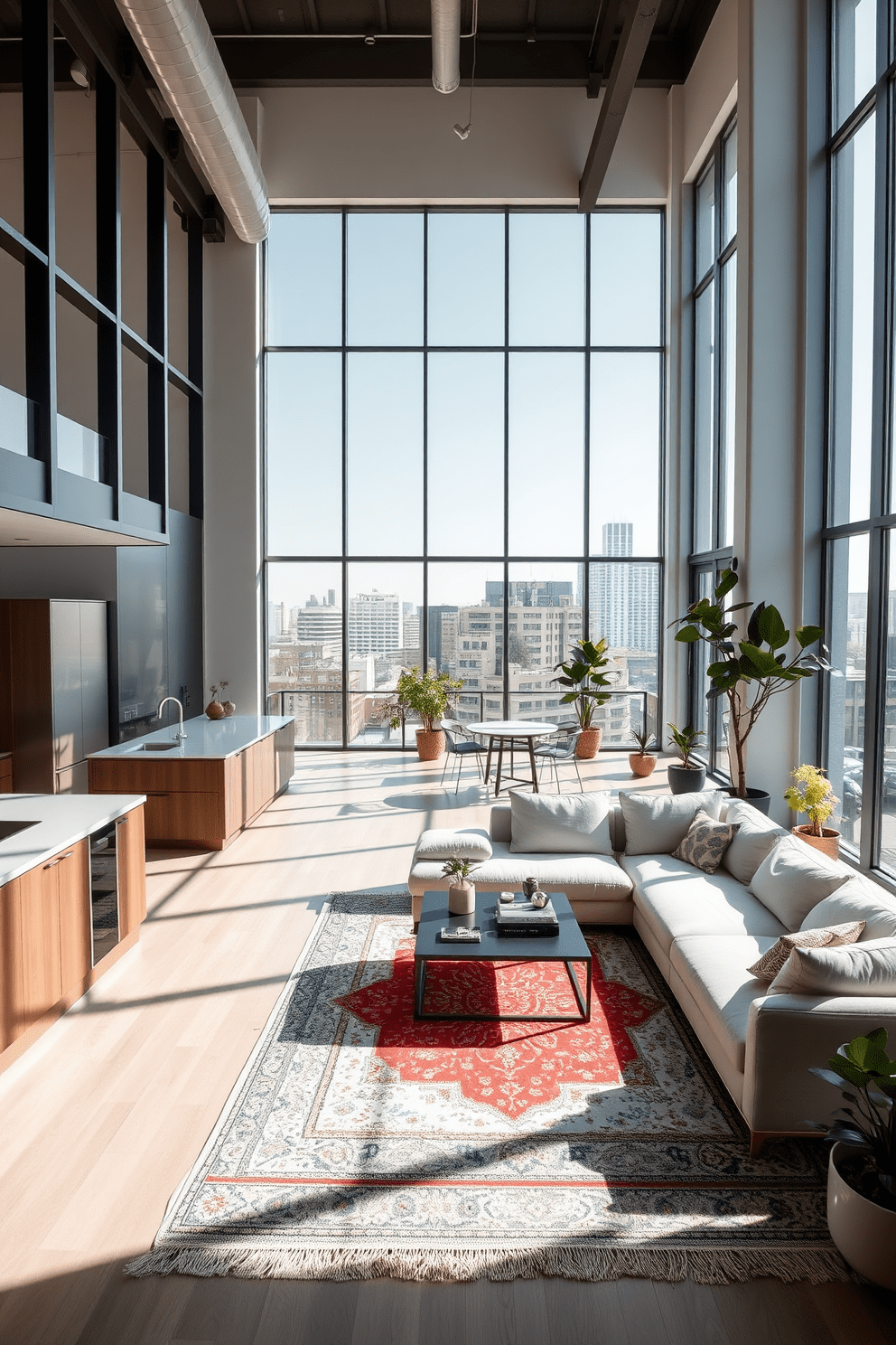 A spacious loft apartment with floor-to-ceiling windows that flood the space with natural light. The open layout features a modern kitchen with sleek cabinetry and an island that doubles as a dining area. The living area is adorned with minimalist furniture, including a plush sectional sofa and a stylish coffee table. A statement rug anchors the seating area, while potted plants add a touch of greenery to the bright environment.