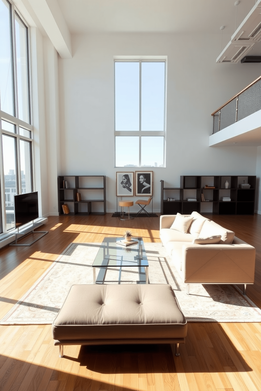 A spacious loft apartment featuring minimalist furniture that emphasizes open space and natural light. The decor includes a sleek, low-profile sofa in neutral tones, paired with a glass coffee table and a simple area rug that defines the seating area. Large windows allow sunlight to flood the room, highlighting the clean lines of the furniture. The walls are painted in a soft white, and a few carefully selected art pieces add character without overwhelming the space.