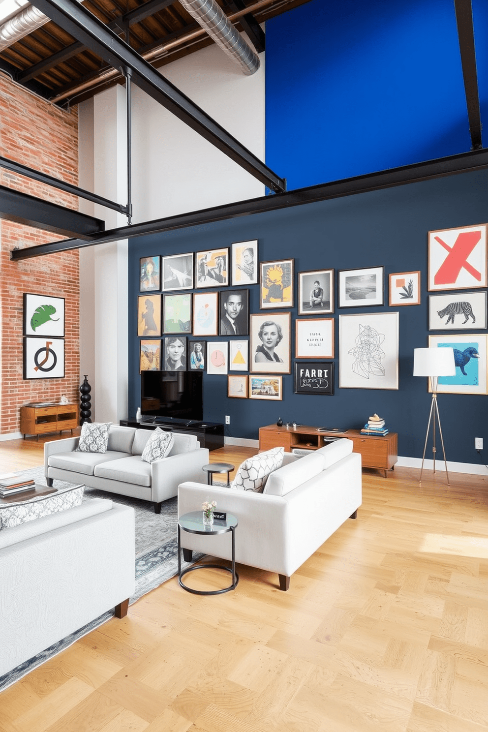 A loft apartment featuring a bold accent wall adorned with a curated collection of contemporary artwork. The open space showcases industrial elements like exposed brick and metal beams, complemented by modern furnishings.