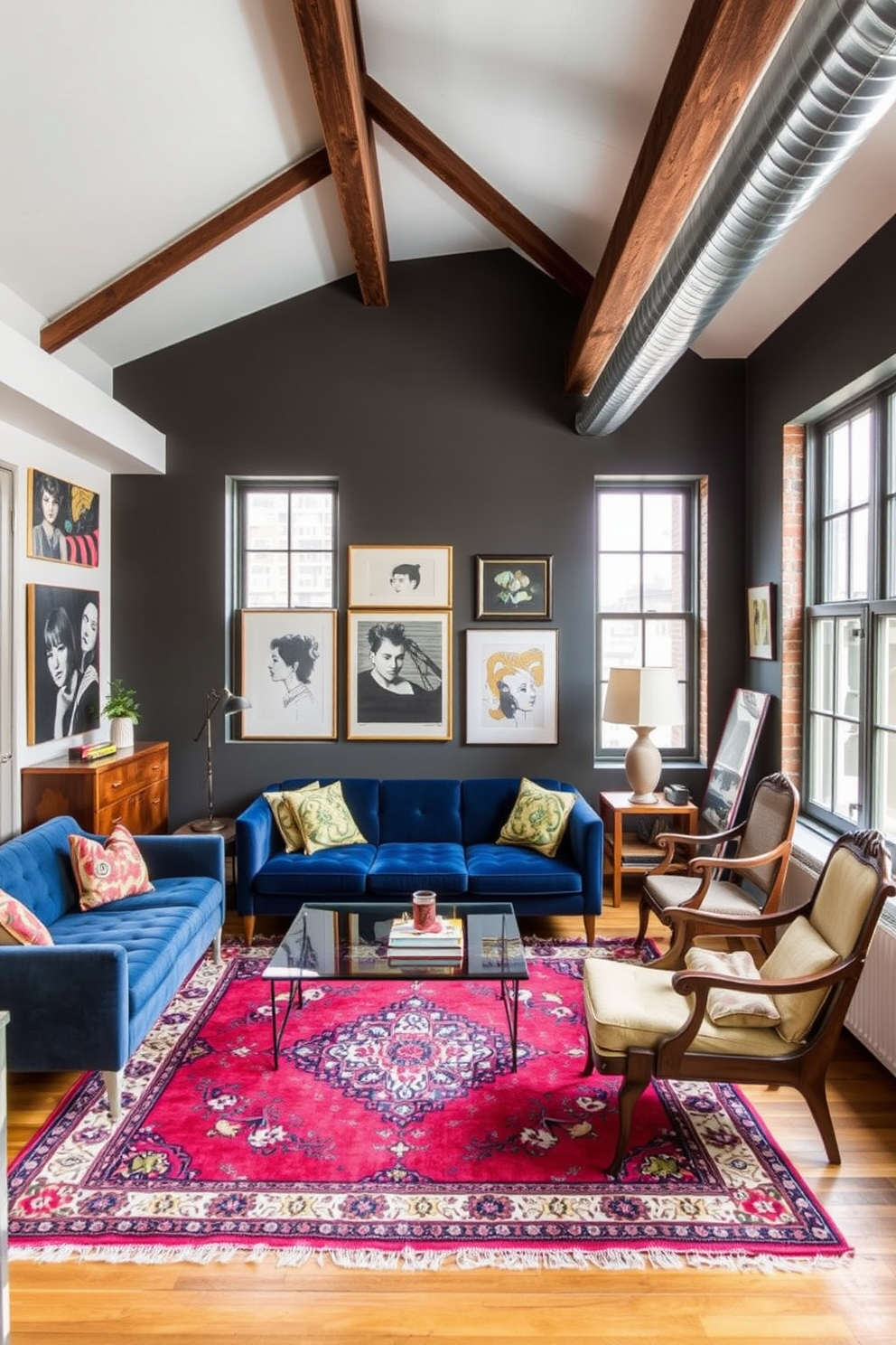 A stylish loft apartment featuring vintage furniture paired with modern decor elements. The space includes a plush velvet sofa in a deep blue hue alongside a sleek glass coffee table and an antique wooden armchair. The walls are adorned with contemporary art pieces, creating a striking contrast with the rustic wooden beams of the ceiling. A vintage rug anchors the seating area, while large windows flood the room with natural light, highlighting the eclectic mix of styles.