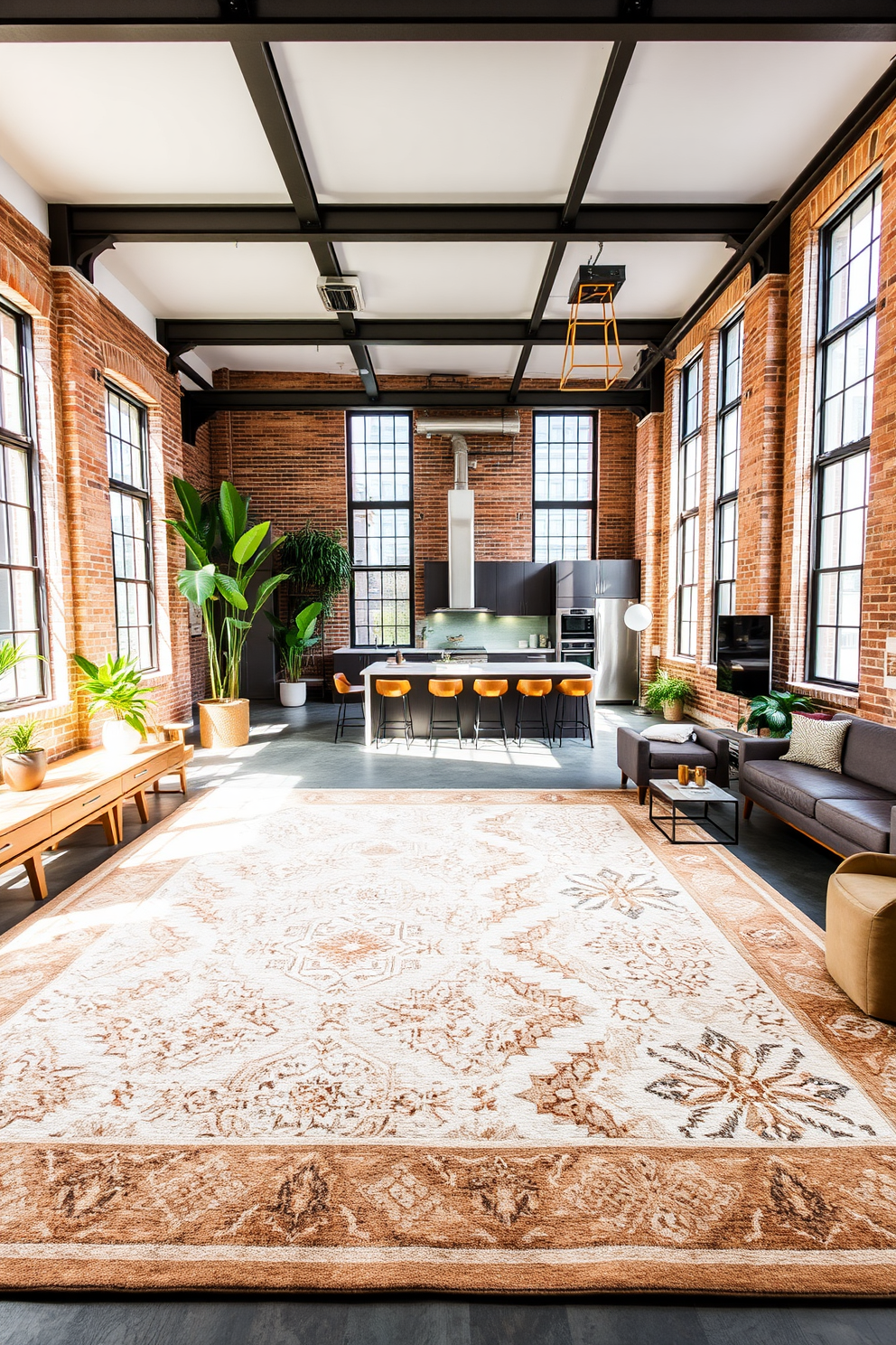 A spacious loft apartment features a large area rug that defines the living area, creating a cozy and inviting atmosphere. The rug is adorned with geometric patterns in soft earth tones, complementing the industrial elements of exposed brick and steel beams throughout the space. The open floor plan showcases a modern kitchen with sleek cabinetry and a central island, enhancing both functionality and style. Large windows flood the area with natural light, highlighting the warm textures of wooden furniture and the vibrant greenery of indoor plants.