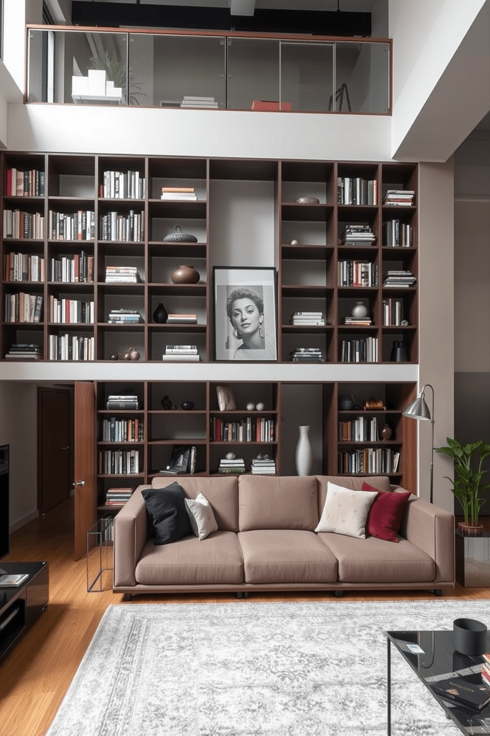 Creative use of vertical storage solutions in a loft apartment. The design features tall shelving units that extend from floor to ceiling, showcasing books and decorative items while maximizing space. Incorporate multi-functional furniture pieces that blend style and practicality. A sleek sofa with built-in storage underneath complements the open layout and adds to the overall aesthetic.