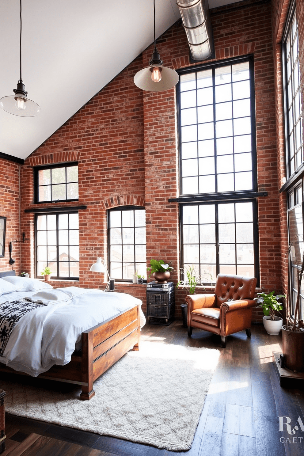 A cozy loft bedroom featuring exposed brick walls and large windows that allow natural light to flood the space. The room is furnished with a plush king-sized bed dressed in soft linens, complemented by industrial-style lighting fixtures hanging from the ceiling. A rustic wooden bed frame adds warmth to the room, while a vintage leather armchair sits in the corner, creating a perfect reading nook. The floor is adorned with a soft area rug, and decorative plants are strategically placed to enhance the industrial vibe.