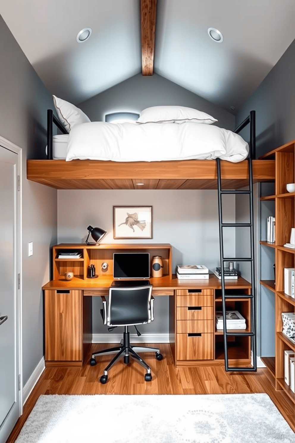 A cozy loft bedroom featuring a lofted bed that maximizes floor space. Below the bed, a stylish desk area is set up with a comfortable chair and ample storage. The walls are painted in a soft gray, creating a serene atmosphere. Warm wood accents are incorporated through a nightstand and shelving, enhancing the inviting feel of the room.