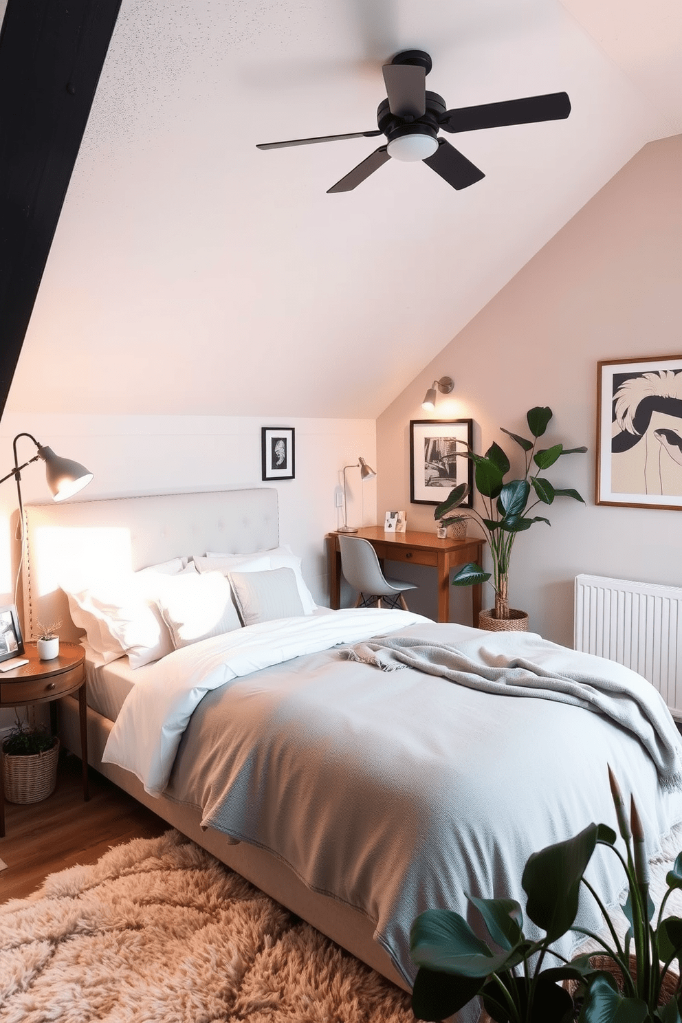 A cozy loft bedroom featuring a stylish bed with a plush headboard and layered bedding in soft neutral tones. A small wooden desk is positioned near a window, complemented by a comfortable chair and a few decorative items to create an inviting workspace. The walls are adorned with artwork that reflects personal style, while warm lighting fixtures provide a soft glow throughout the space. A plush area rug anchors the room, and plants are strategically placed to enhance the overall ambiance.