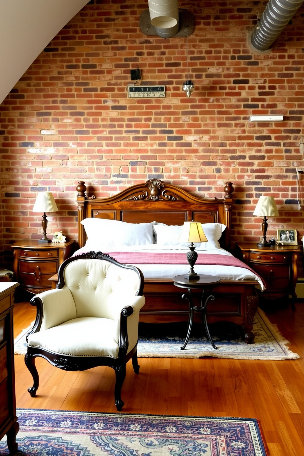 A cozy loft bedroom featuring vintage furniture pieces. A distressed wooden bed frame with an ornate headboard is positioned against a brick wall, complemented by a pair of antique nightstands on either side. A plush, patterned area rug lies beneath the bed, adding warmth to the space. An elegant vintage armchair is placed in a corner, paired with a small round table adorned with a classic lamp.