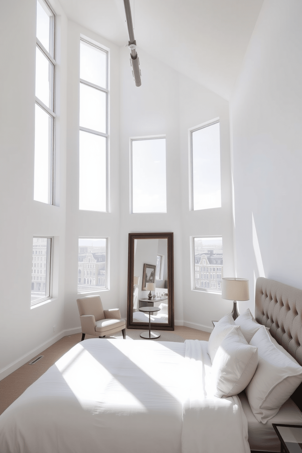 A spacious loft bedroom with high ceilings and large windows allowing natural light to flood the space. The walls are painted in a soft white hue, and a large rectangular mirror is positioned opposite the windows to reflect the light and create an airy feel. The room features a stylish king-size bed with a plush upholstered headboard and crisp white linens. A cozy seating area with a modern armchair and a small side table is placed near the window, inviting relaxation and enjoying the view.