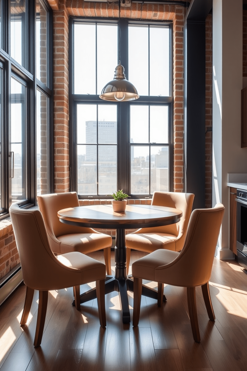 A cozy small dining area in a loft features a round wooden table surrounded by four upholstered chairs in a warm neutral tone. Large windows allow natural light to flood the space, highlighting the exposed brick wall and industrial-style pendant light hanging above the table. The dining area is positioned next to a compact kitchen with sleek cabinetry and modern appliances. A small potted plant sits on the table, adding a touch of greenery and warmth to the inviting atmosphere.