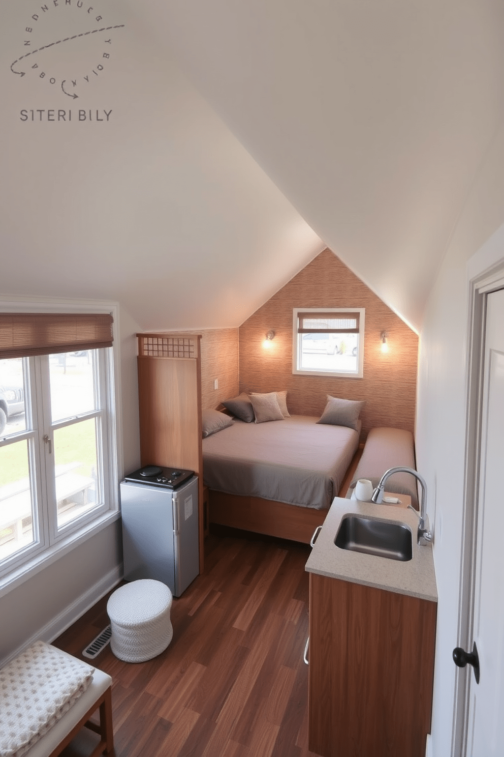 A cozy loft bedroom featuring a small kitchenette tucked into one corner. The kitchenette includes a compact refrigerator, a sleek stovetop, and a stylish sink, all designed with modern finishes. The bed is positioned against a feature wall adorned with textured wallpaper, complemented by soft, ambient lighting. Large windows allow natural light to flood the space, enhancing the warm color palette of earthy tones and soft whites.