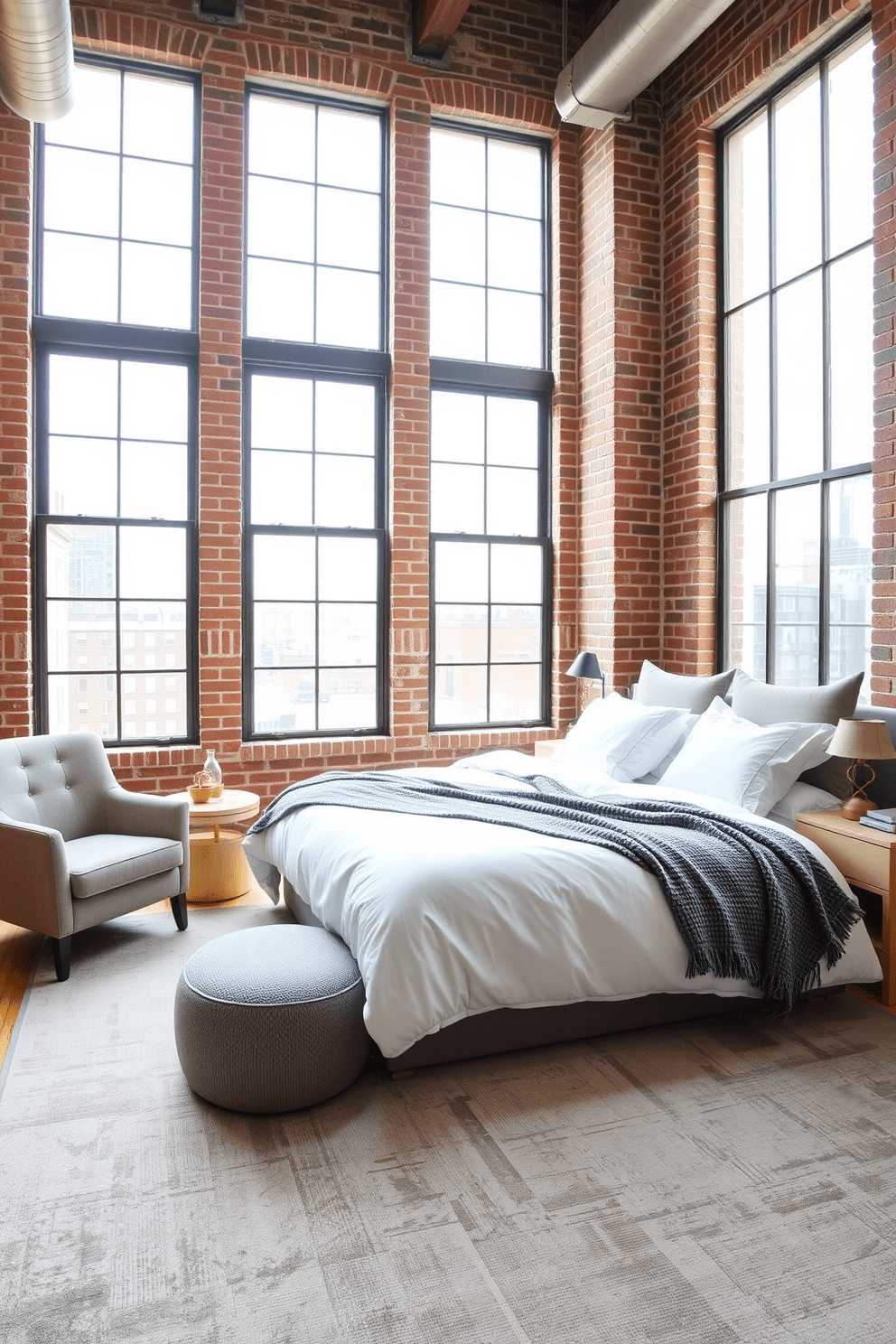 A spacious loft bedroom featuring exposed brick walls and large industrial windows that allow natural light to flood the space. The room is adorned with a plush king-sized bed dressed in soft white linens and a cozy gray throw blanket, complemented by minimalist bedside tables. In one corner, a stylish armchair upholstered in a neutral fabric sits beside a small wooden side table. The floor is covered with a large, textured area rug in muted tones, adding warmth to the overall aesthetic.