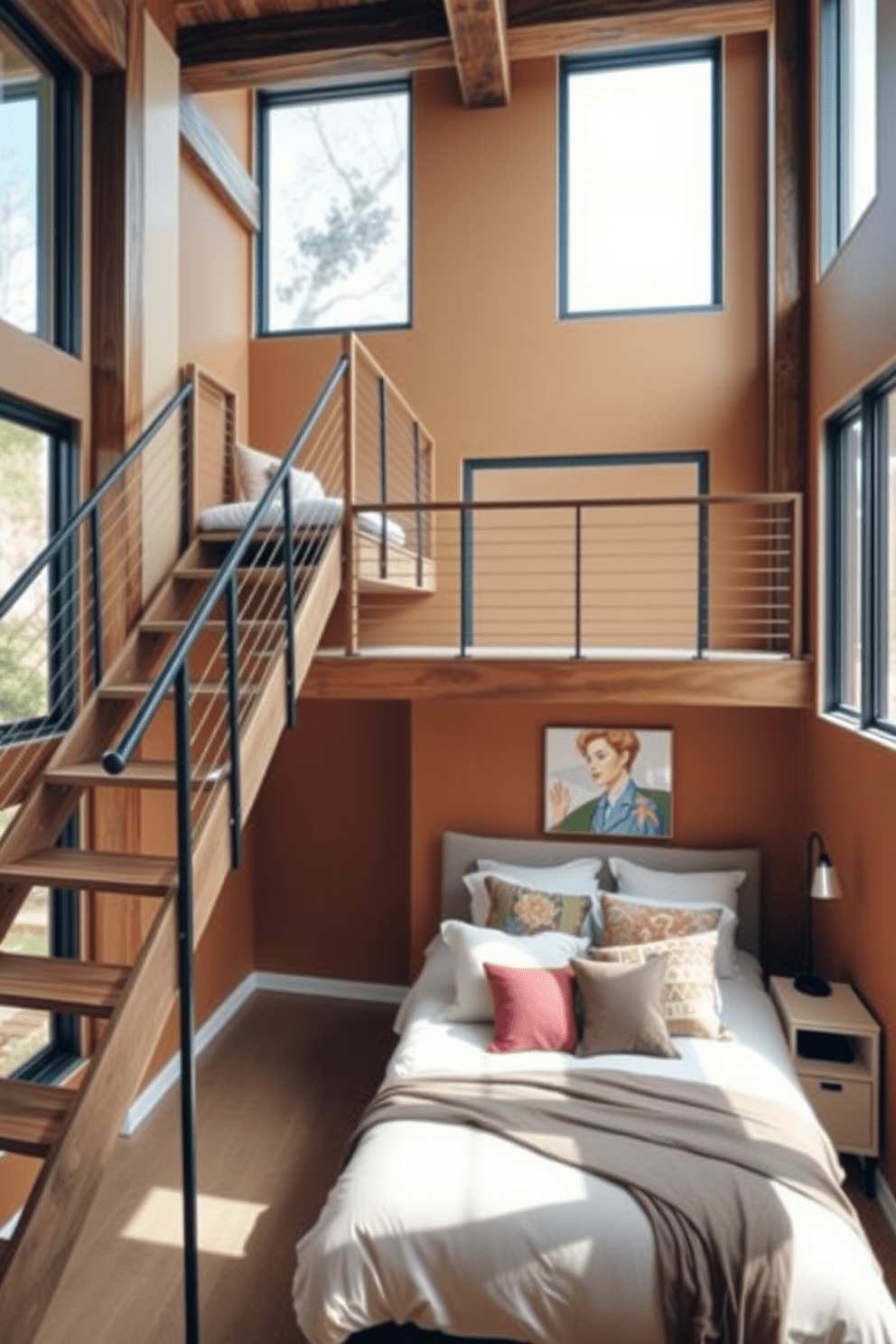 A cozy loft bedroom featuring a stylish wooden ladder leading up to a small reading nook with plush cushions. The walls are adorned with warm, neutral tones, and large windows allow natural light to flood the space, highlighting the rustic wooden beams above. A modern staircase with sleek metal railings connects different levels of the loft, creating an open and airy atmosphere. The bedroom area is furnished with a comfortable bed dressed in soft linens and accented with colorful throw pillows, complemented by a minimalist bedside table.