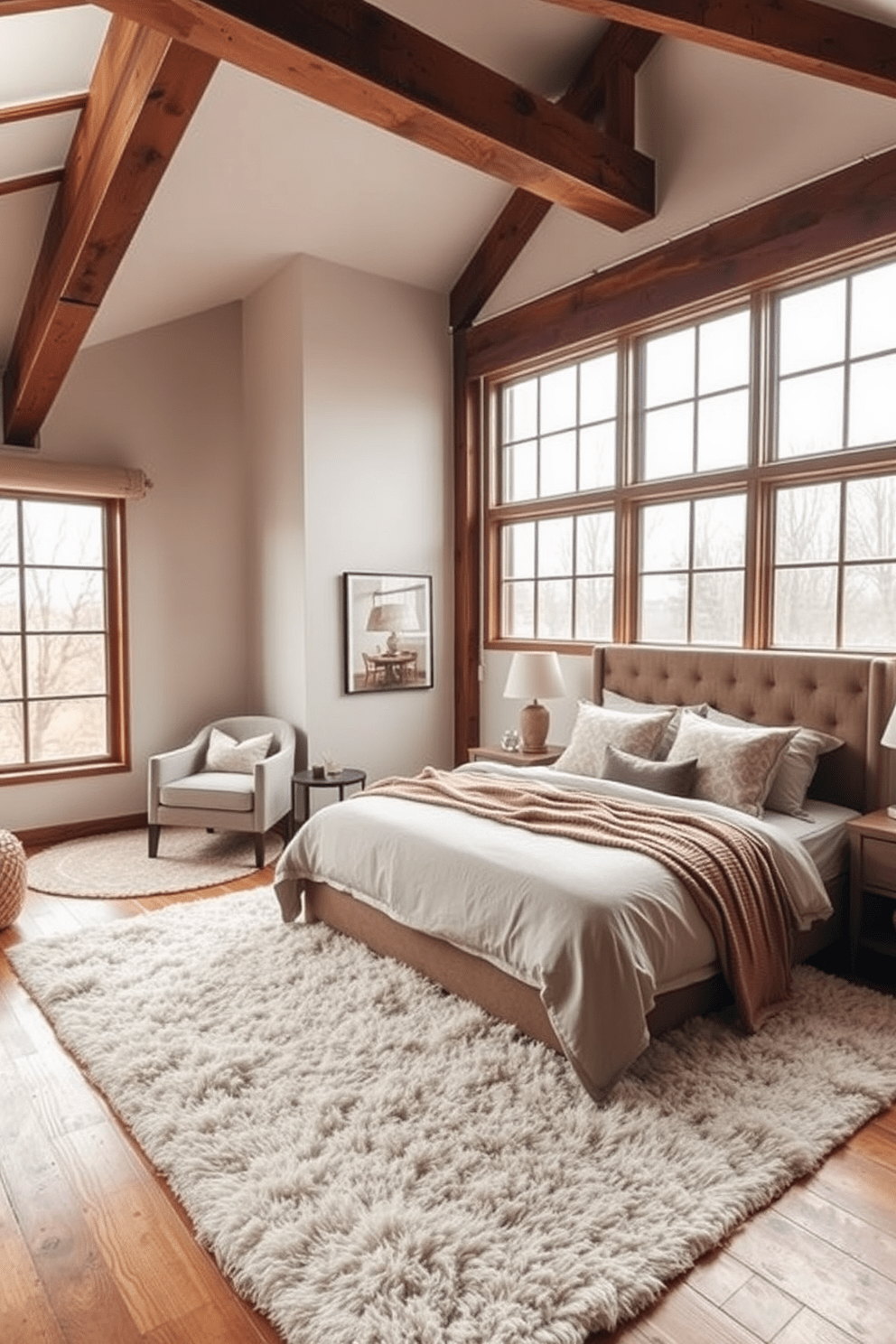 A cozy loft bedroom featuring a plush area rug that defines the sleeping space, creating a warm and inviting atmosphere. The loft has exposed wooden beams and large windows that allow natural light to flood in, enhancing the overall aesthetic. In one corner, a soft rug under a reading nook with a comfortable chair and a small side table adds a touch of elegance. The bedding is layered with textured throws and decorative pillows, complementing the color palette of muted earth tones.