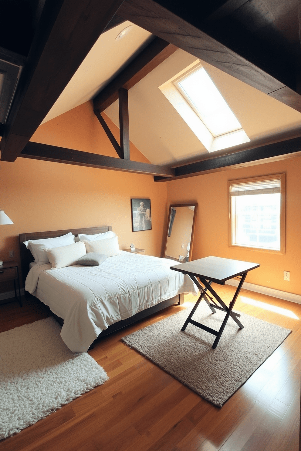 A cozy loft bedroom with a high ceiling and exposed wooden beams. The space features a large bed adorned with soft linens and plush pillows, creating an inviting atmosphere. A foldable table is positioned near the window, offering a flexible workspace or dining area. The walls are painted in a warm neutral tone, and a stylish area rug adds texture to the wooden floor.