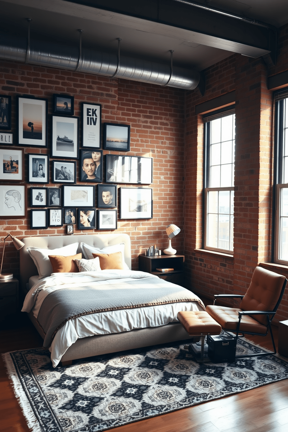 A cozy loft bedroom featuring a gallery wall adorned with an eclectic mix of framed photographs and art pieces. The bed is positioned against a brick wall, with a plush headboard and layered bedding in soft, neutral tones. Natural light floods the space through large windows, illuminating a stylish area rug that anchors the room. A modern nightstand with a sleek lamp sits beside the bed, while a comfortable reading chair is placed in the corner, inviting relaxation.