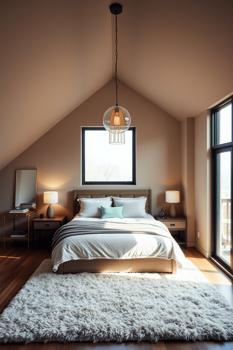 A cozy loft bedroom featuring stylish pendant lights hanging above the bed. The room is adorned with a plush area rug and large windows that allow natural light to flood in, creating a warm and inviting atmosphere.