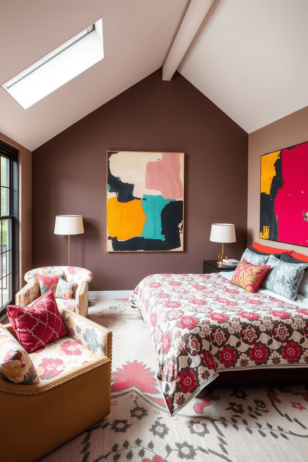 A stylish loft bedroom featuring a large bed with a bold geometric patterned duvet cover. The walls are adorned with oversized abstract art pieces that complement the vibrant color scheme. A cozy seating area includes a modern armchair upholstered in a striking floral print. Large windows allow natural light to flood the space, highlighting the eclectic mix of textures and patterns throughout the room.