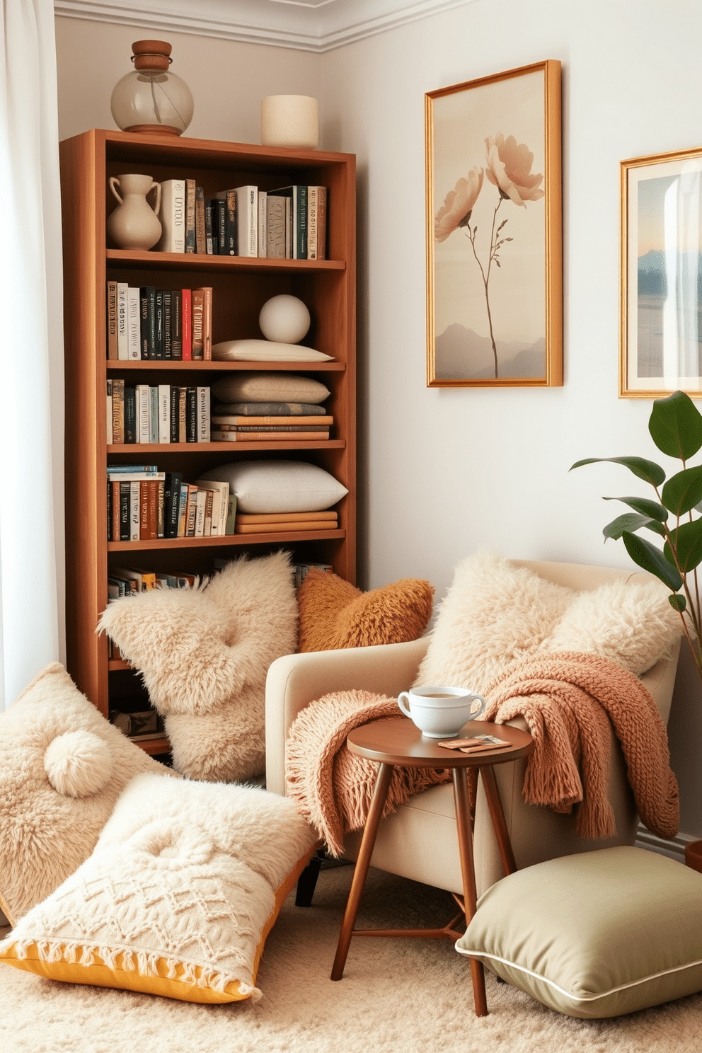 Create a cozy corner with a variety of plush cushions in soft, warm colors. The space features a comfortable armchair nestled beside a tall bookshelf filled with books and decorative items. The walls are adorned with soothing artwork that complements the overall aesthetic. A small side table holds a steaming cup of tea and a warm throw draped over the armchair invites relaxation.