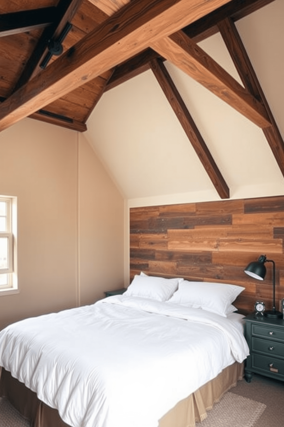 A cozy loft bedroom featuring reclaimed wood beams that add rustic charm to the space. The walls are adorned with warm neutral tones, and a large window allows natural light to flood the room. A king-size bed with a plush white comforter is positioned against a reclaimed wood accent wall. Vintage bedside tables with industrial lamps flank the bed, creating a perfect blend of comfort and style.