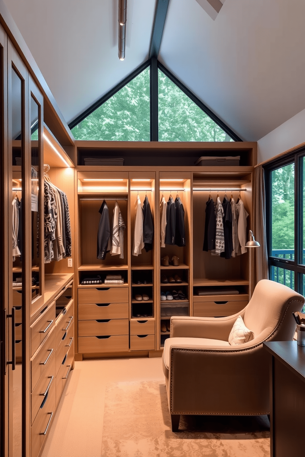 A spacious walk-in closet featuring custom built-in shelving and drawers for optimal organization. Soft LED lighting illuminates the space, highlighting a stylish combination of hanging racks and shoe storage. The loft bedroom boasts high ceilings with exposed beams and large windows that flood the room with natural light. A cozy reading nook is created with a plush armchair and a small bookshelf, enhancing the inviting atmosphere.