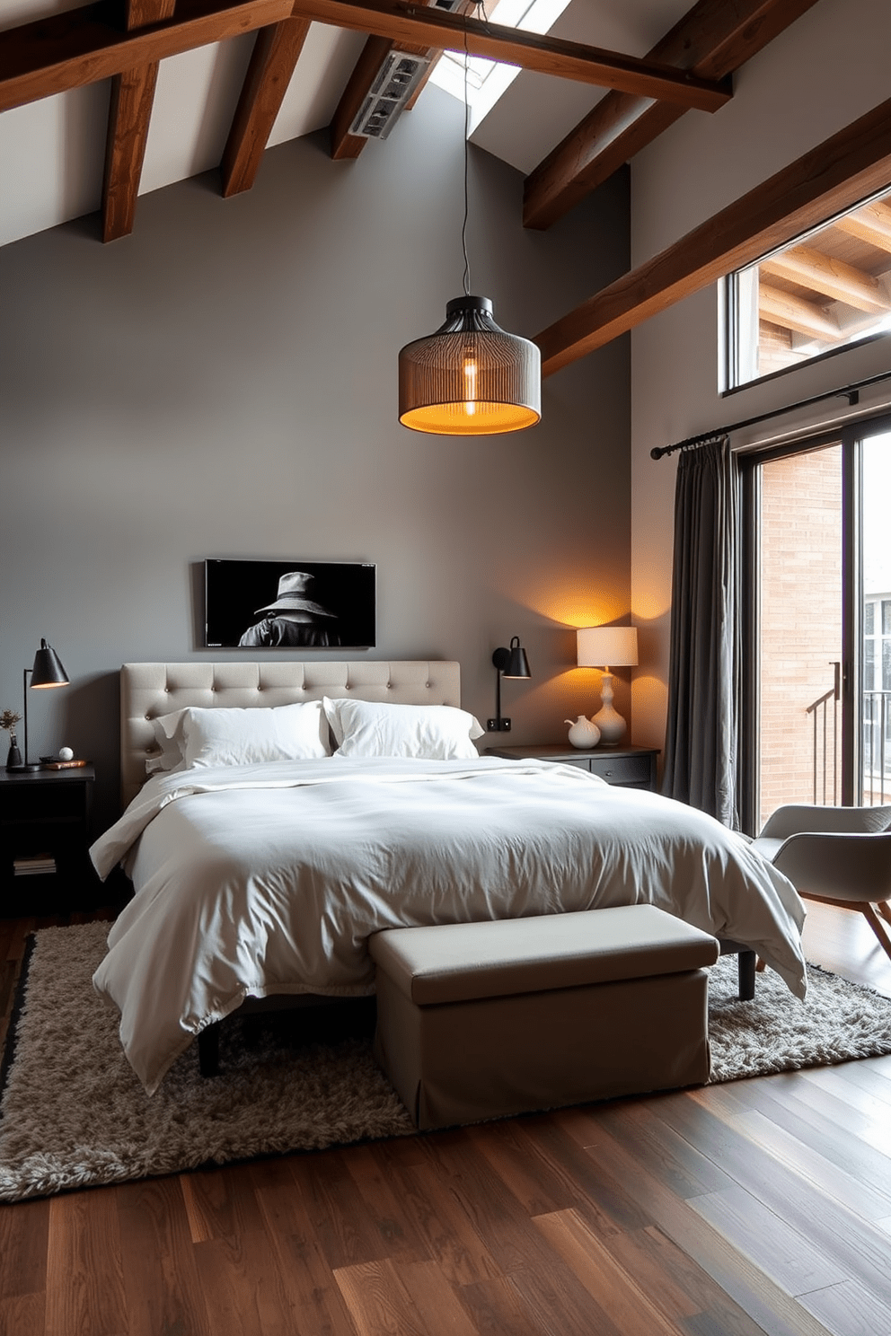 A stylish loft bedroom featuring large sliding doors that open to a private balcony, maximizing natural light and space efficiency. The room is adorned with a cozy king-sized bed dressed in soft linens, complemented by industrial-style bedside tables and warm pendant lighting. The walls are painted in a soft gray, creating a calming atmosphere, while exposed wooden beams add character to the ceiling. A plush area rug lies beneath the bed, and a small reading nook with a comfortable chair and floor lamp is positioned near the sliding doors.