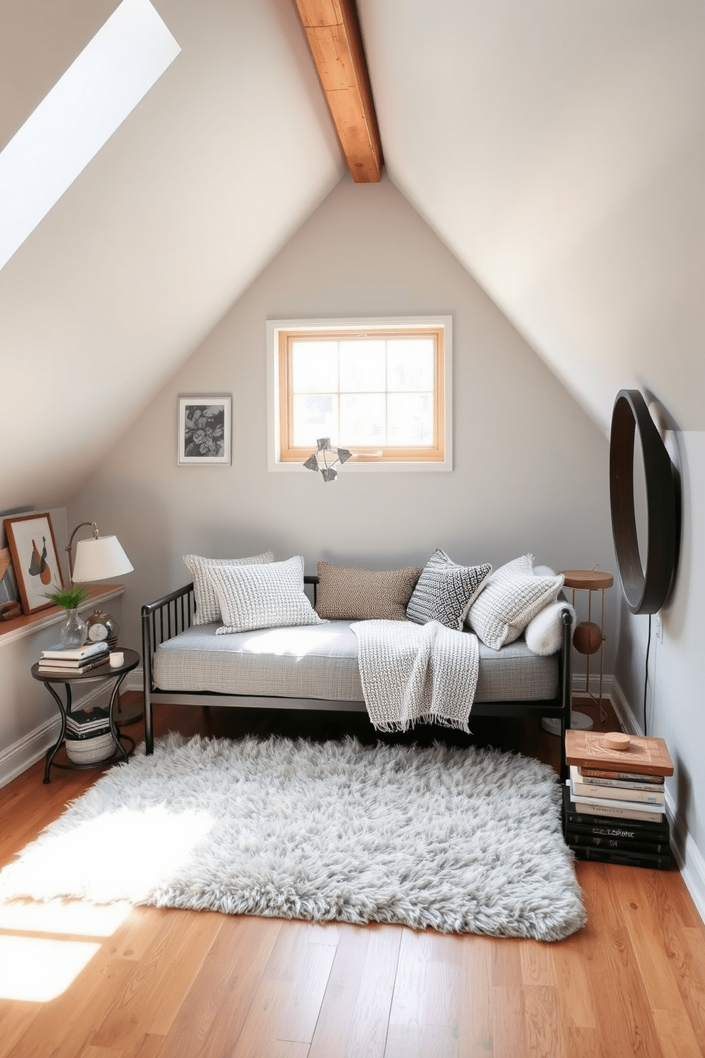 A cozy loft bedroom featuring a stylish daybed positioned against a wall with soft, textured throw pillows. The space is illuminated by natural light streaming through large windows, highlighting the warm wooden beams and a plush area rug on the floor. The walls are painted in a calming light gray, creating a serene atmosphere complemented by a mix of modern and vintage decor. A small side table next to the daybed holds a stack of books and a decorative lamp, adding functionality and charm to the design.