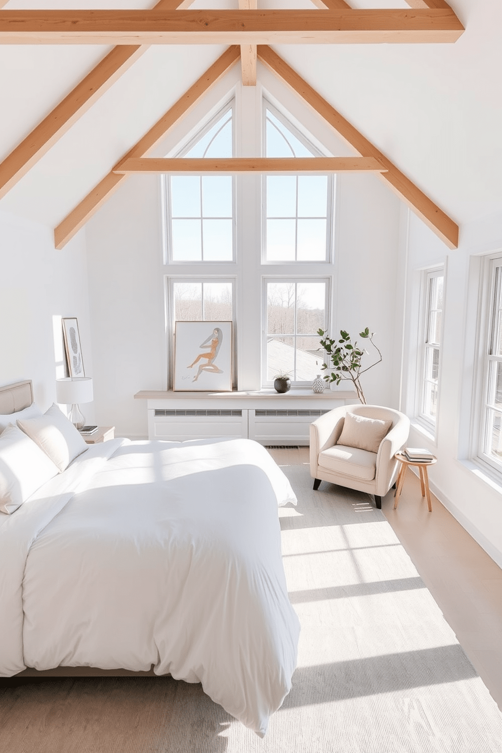 A bright and airy loft bedroom featuring large windows that allow natural light to flood the space. The walls are painted in soft white tones, complemented by light wooden beams that add warmth to the room. A plush king-sized bed is dressed in crisp white linens and layered with pastel-colored throw pillows. A cozy reading nook is created by a comfortable armchair positioned near the windows, with a small side table holding a stack of books. The floor is adorned with a light gray area rug that adds texture without overwhelming the space. Minimalist decor elements, such as abstract art and potted plants, enhance the serene atmosphere while maintaining an uncluttered look.