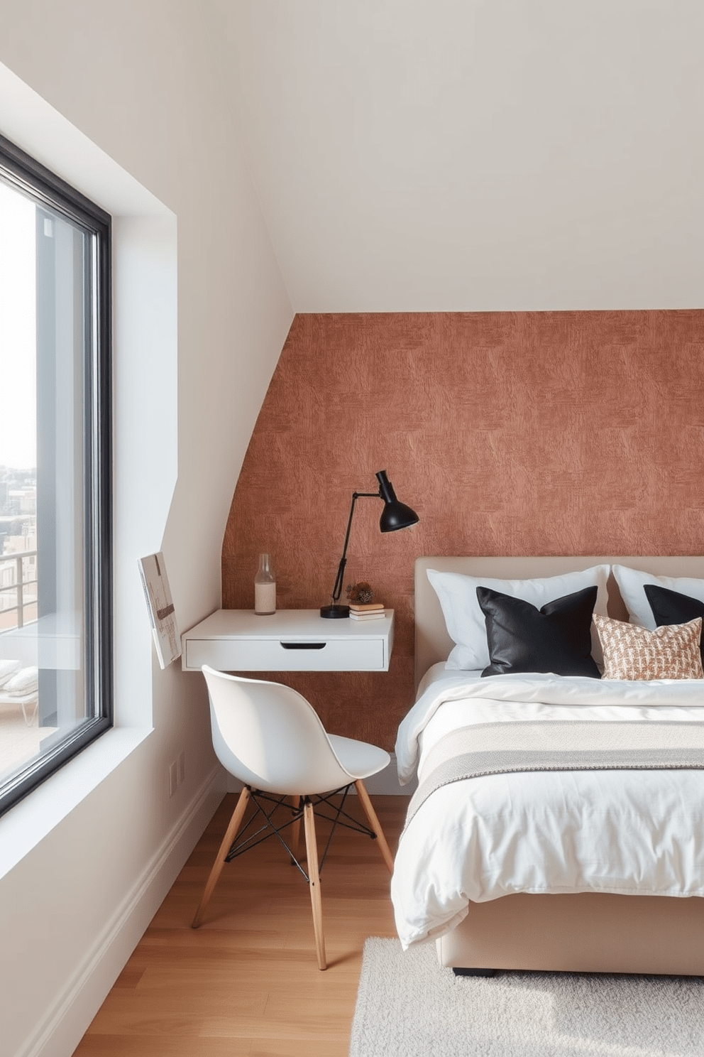 A cozy loft bedroom featuring a wall-mounted desk that blends seamlessly with the decor. The desk is positioned near a large window, allowing natural light to illuminate the space. The bed is placed against a textured accent wall, adorned with soft bedding and decorative pillows. A stylish chair accompanies the desk, creating a functional yet inviting work area.