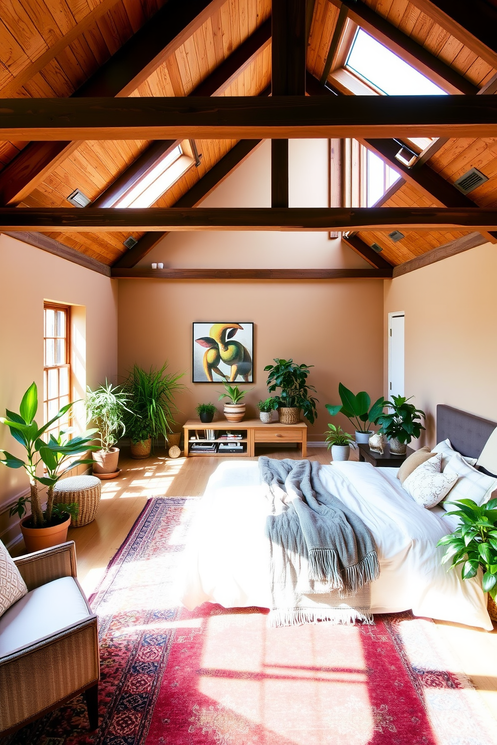 A cozy loft bedroom with exposed wooden beams and large windows letting in natural light. The space features a plush king-sized bed dressed in soft linens, surrounded by potted plants that add a touch of nature. A stylish seating area includes a comfortable armchair and a small side table, perfect for reading. The walls are painted in a warm neutral tone, and a colorful area rug anchors the space, enhancing the inviting atmosphere.