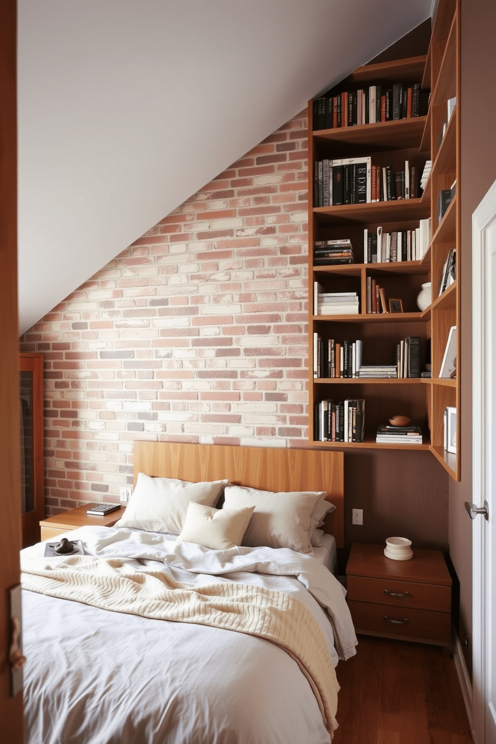 A cozy loft bedroom featuring built-in shelving that seamlessly integrates into the wall. The shelves are filled with books and decorative items, providing both functionality and style. The bed is positioned against a backdrop of exposed brick, creating a warm and inviting atmosphere. Soft, layered bedding in neutral tones complements the natural wood tones of the shelving and flooring.