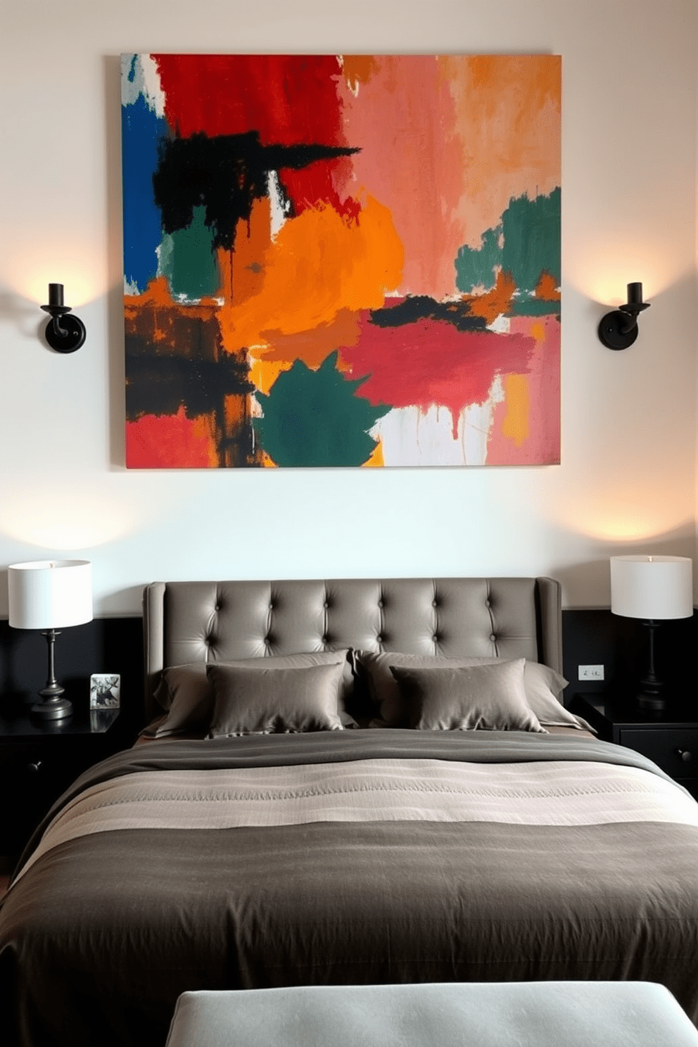 Create a statement wall featuring a large abstract painting in vibrant colors. The wall is complemented by industrial-style sconces that provide soft lighting, enhancing the artistic effect. In the loft bedroom, incorporate a plush king-sized bed with a tufted headboard against the statement wall. Surround the bed with minimalist nightstands and stylish lamps to create a cozy yet modern atmosphere.