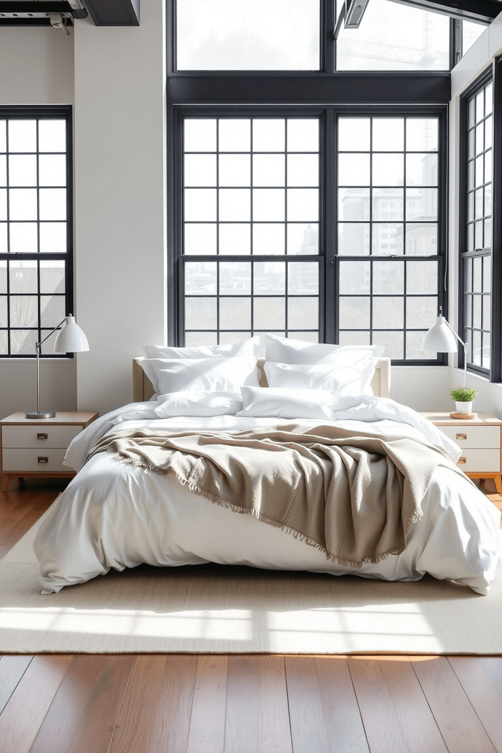 A serene loft bedroom featuring a minimalist bedding style. The bed is dressed in crisp white linens with a light gray throw blanket casually draped across the foot. Natural light floods the space through large industrial-style windows, illuminating the soft textures of the bedding. Simple wooden nightstands flank the bed, each topped with a sleek lamp and a small potted plant.