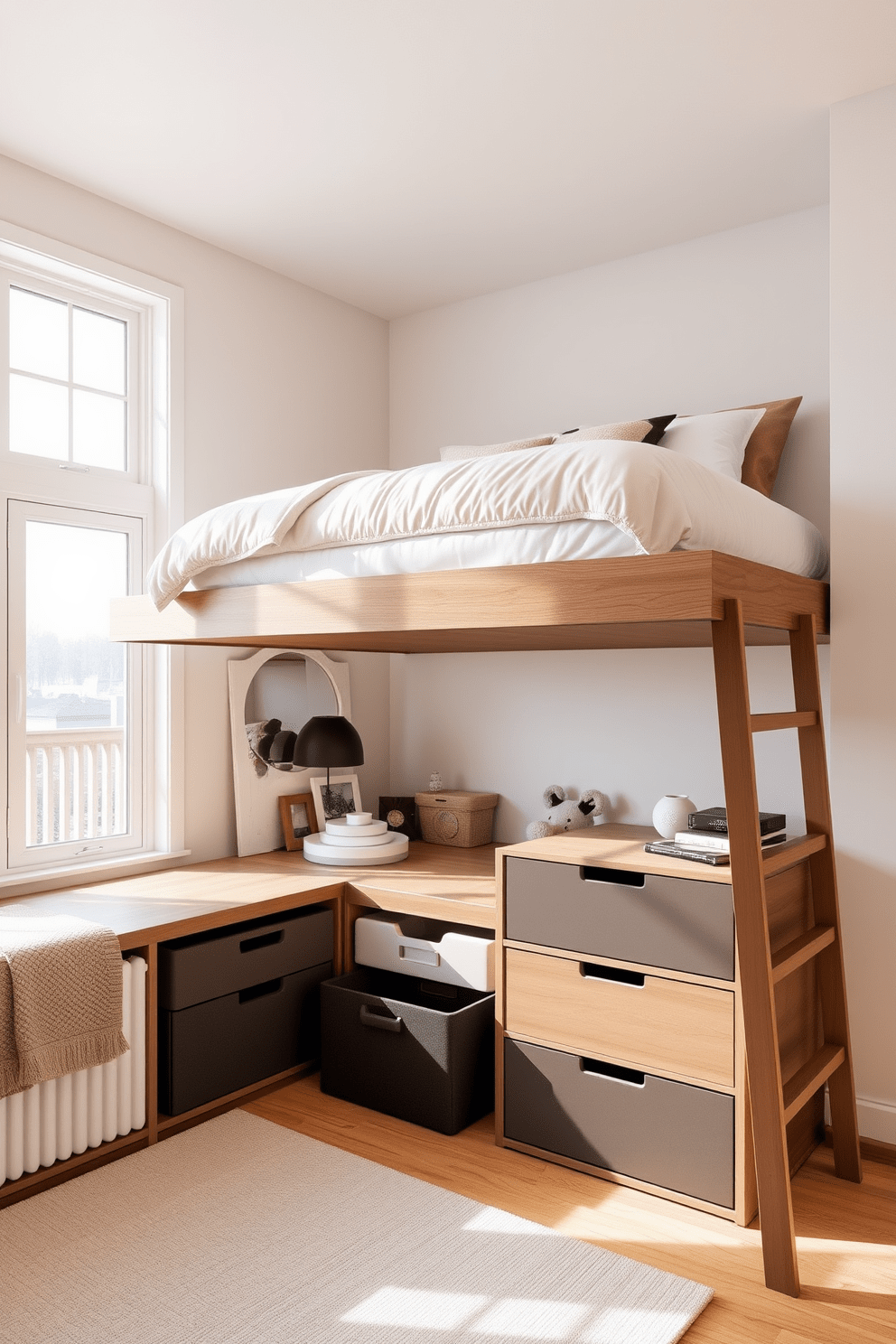 A stylish loft bedroom featuring a spacious bed elevated on a platform. Under the bed, organized storage solutions include sleek drawers and stylish bins that blend seamlessly with the overall decor. The walls are adorned with soft, neutral tones, creating a calming atmosphere. Natural light floods the room through large windows, highlighting a cozy reading nook in the corner.