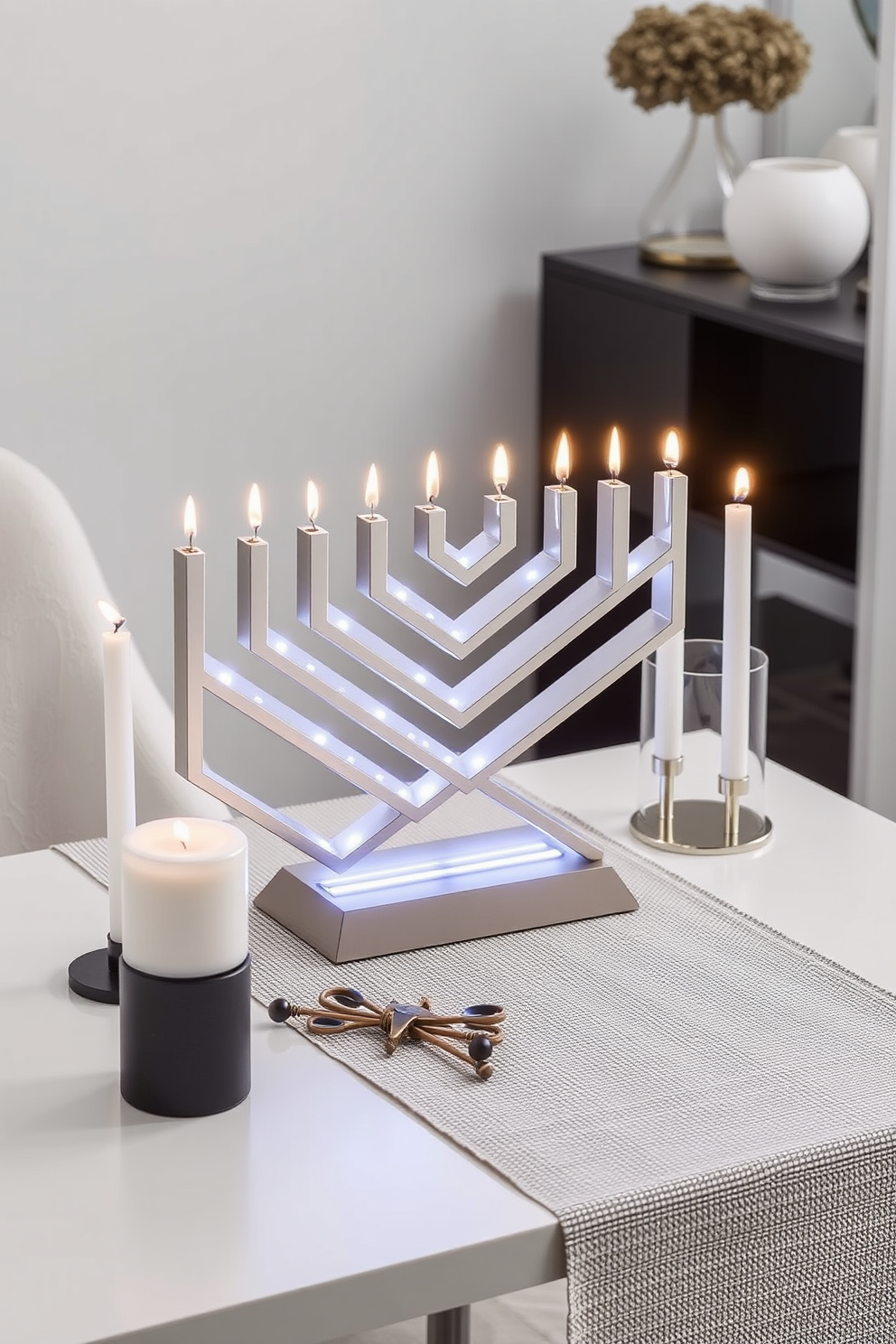 A modern menorah designed with geometric shapes sits elegantly on a minimalist table. The menorah features a sleek metallic finish and is adorned with subtle LED lights, creating a warm ambiance for Hanukkah celebrations. Surrounding the menorah are stylish decorative elements like candles in varying heights and a simple, textured table runner. The overall setup blends contemporary design with traditional Hanukkah themes, enhancing the festive atmosphere.