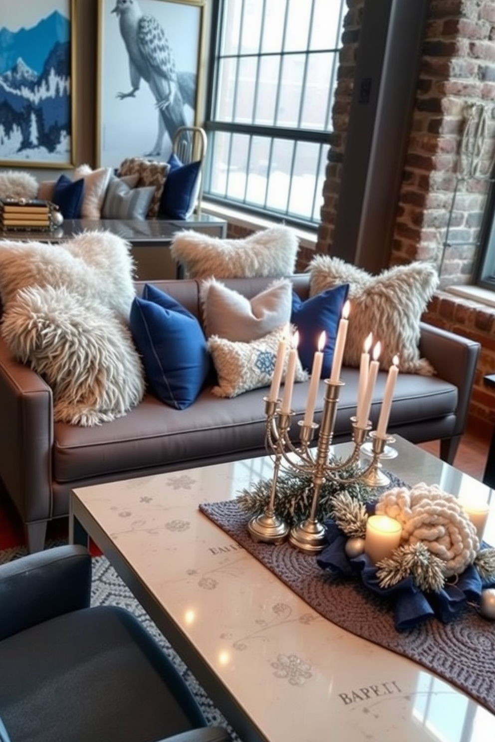 Layered textures create a cozy and inviting atmosphere in a loft space. Plush pillows in varying sizes and soft throws are artfully arranged on a sleek sofa, enhancing comfort and style. For Hanukkah, the decor features elegant blue and silver accents. A beautifully set table showcases a menorah, surrounded by decorative elements that celebrate the holiday spirit.