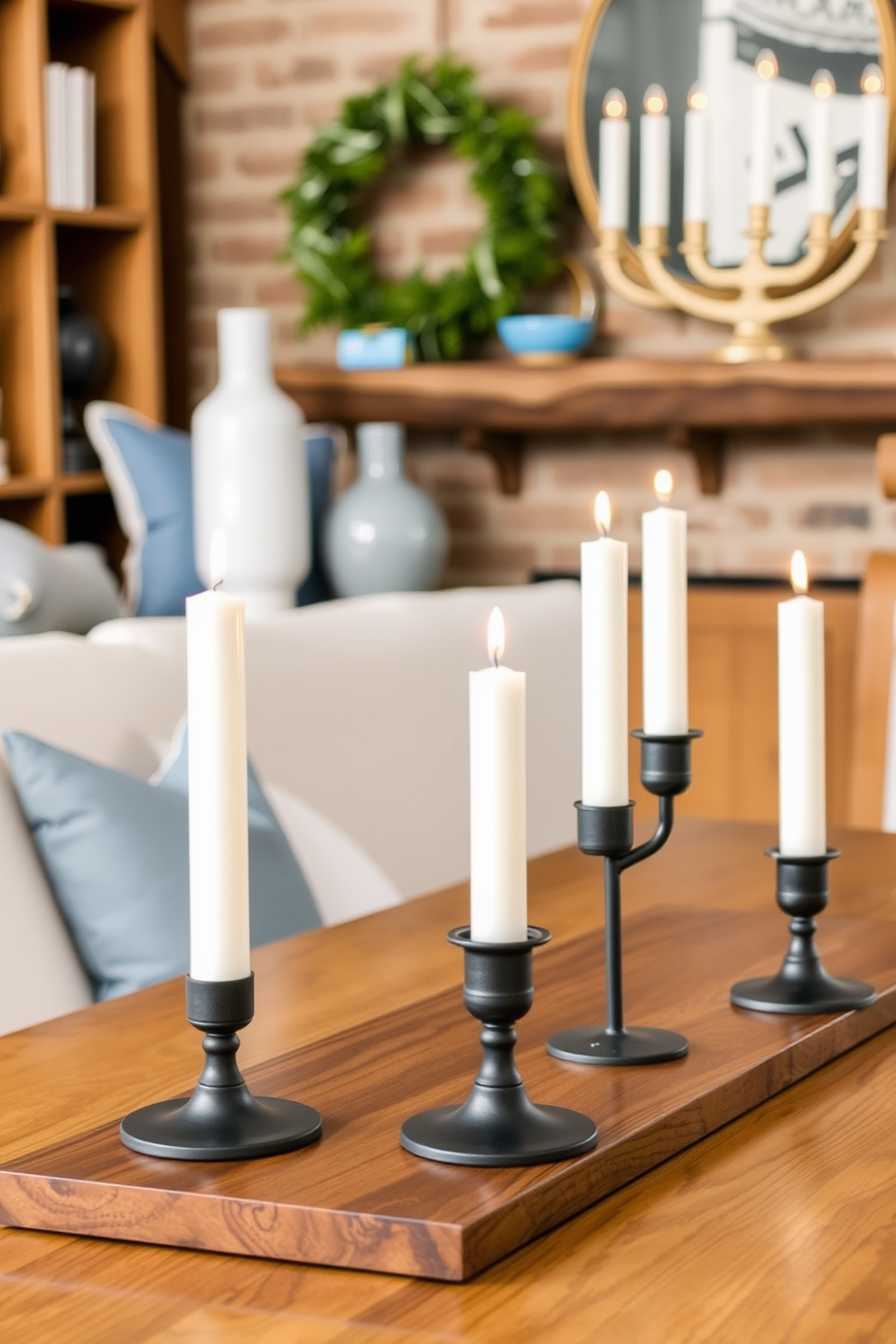 Minimalist candle holders with clean lines are arranged on a sleek wooden table. The holders are made of matte black metal, creating a striking contrast against the warm wood. Loft Hanukkah decorating ideas feature a blend of modern and traditional elements. Soft blue and silver accents adorn the space, while a large menorah takes center stage on a rustic mantel.