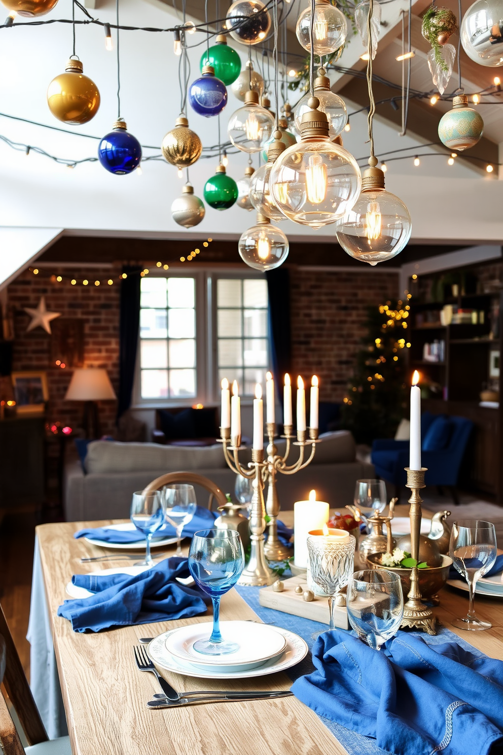 A cozy loft space adorned with vintage glass ornaments creates a festive atmosphere for Hanukkah celebrations. The warm glow from string lights complements the shimmering colors of the ornaments, enhancing the holiday spirit. A beautifully set dining table features a mix of elegant glassware and rustic elements. Soft textiles in deep blue and silver tones provide a rich backdrop for the vintage decorations, inviting guests to gather and celebrate.