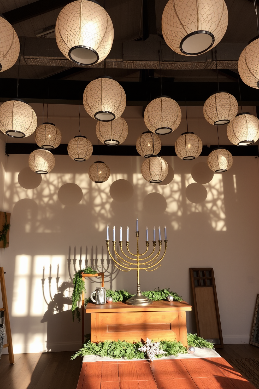 Handmade paper lanterns hang from the ceiling, casting a warm and inviting glow throughout the space. The lanterns are adorned with intricate patterns, creating beautiful shadows on the walls. The decor features a mix of traditional and modern elements, with a large menorah positioned on a rustic wooden table. Surrounding the menorah are festive accents like garlands of greenery and shimmering ornaments, enhancing the cozy atmosphere of the loft.