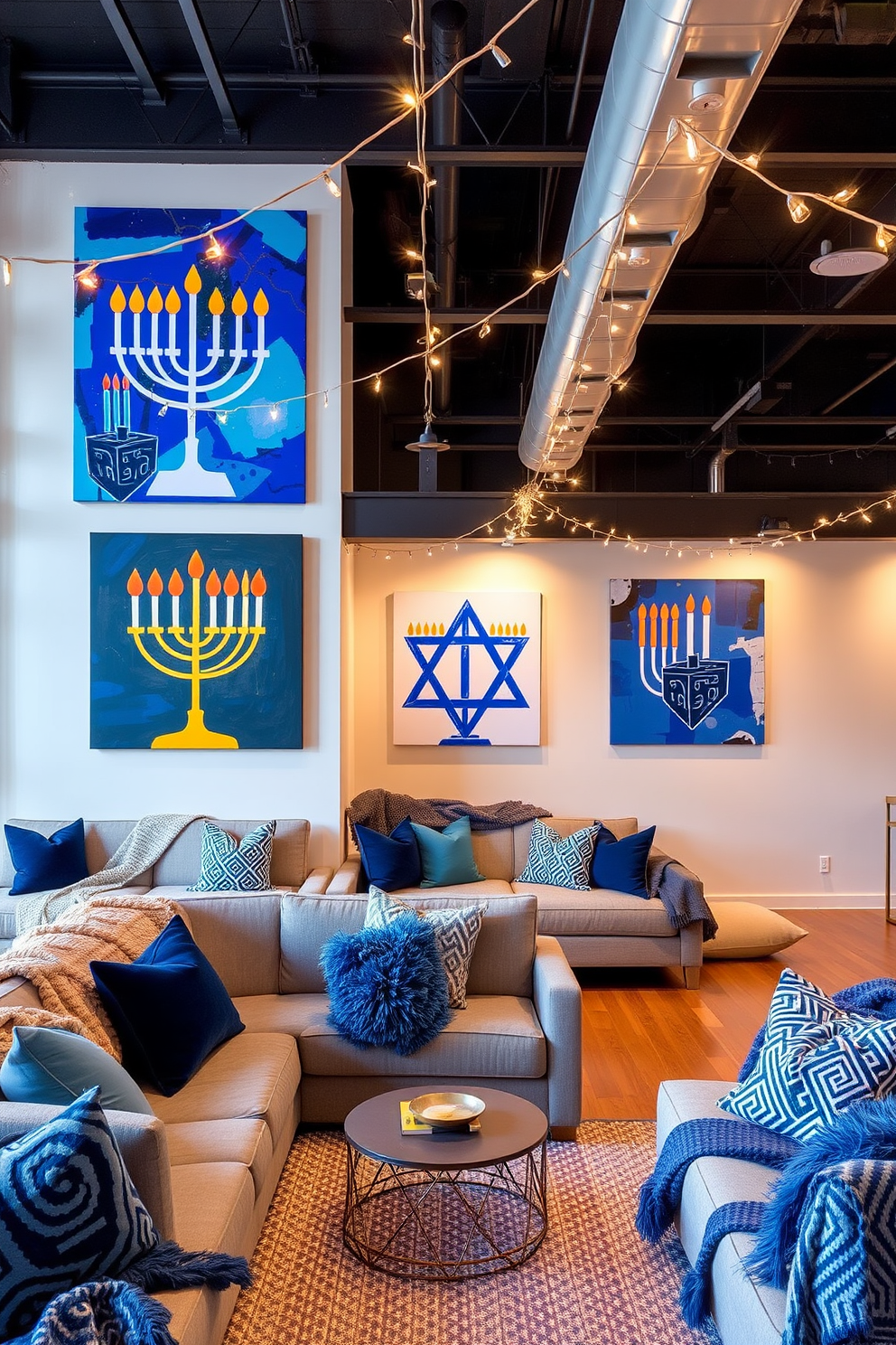 Contemporary art pieces featuring Hanukkah motifs are displayed prominently on the walls, infusing the space with vibrant colors and cultural significance. The artwork includes abstract interpretations of menorahs and dreidels, creating a festive and modern atmosphere. The loft is decorated with cozy textiles in shades of blue and silver, enhancing the Hanukkah theme. Twinkling string lights are draped across the ceiling, adding warmth and a celebratory glow to the open space.