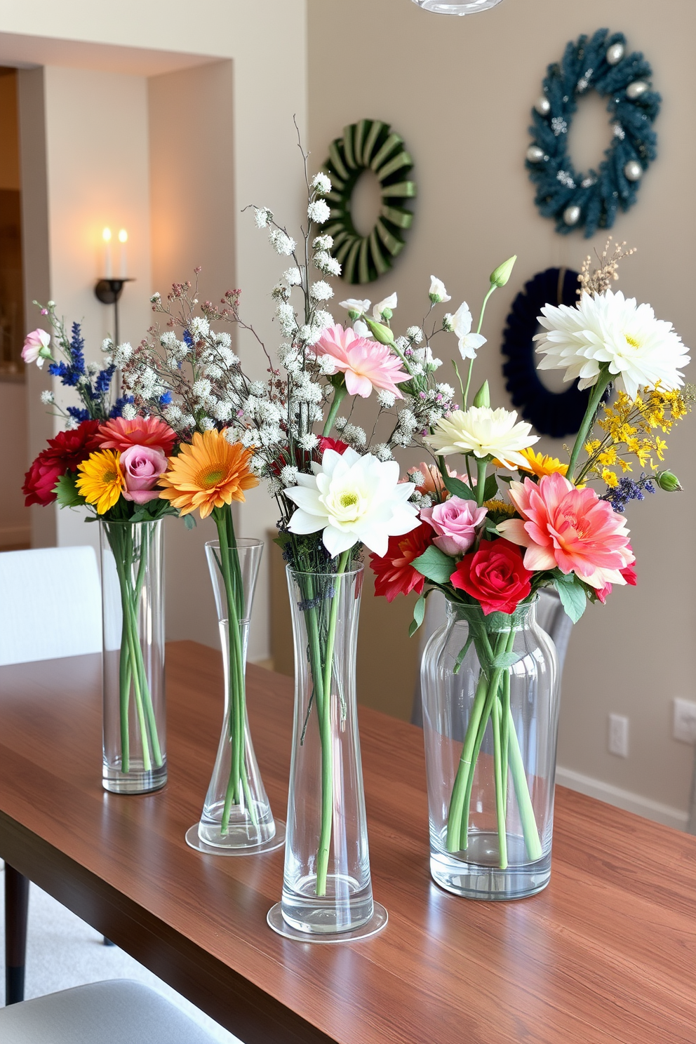 Elegant glass vases filled with seasonal flowers are arranged on a sleek wooden table. The vases vary in height and style, showcasing a beautiful blend of colors that complement the festive decor. The space is adorned with subtle Hanukkah decorations, including blue and silver accents that enhance the overall aesthetic. Soft lighting illuminates the vases, creating a warm and inviting atmosphere for holiday gatherings.