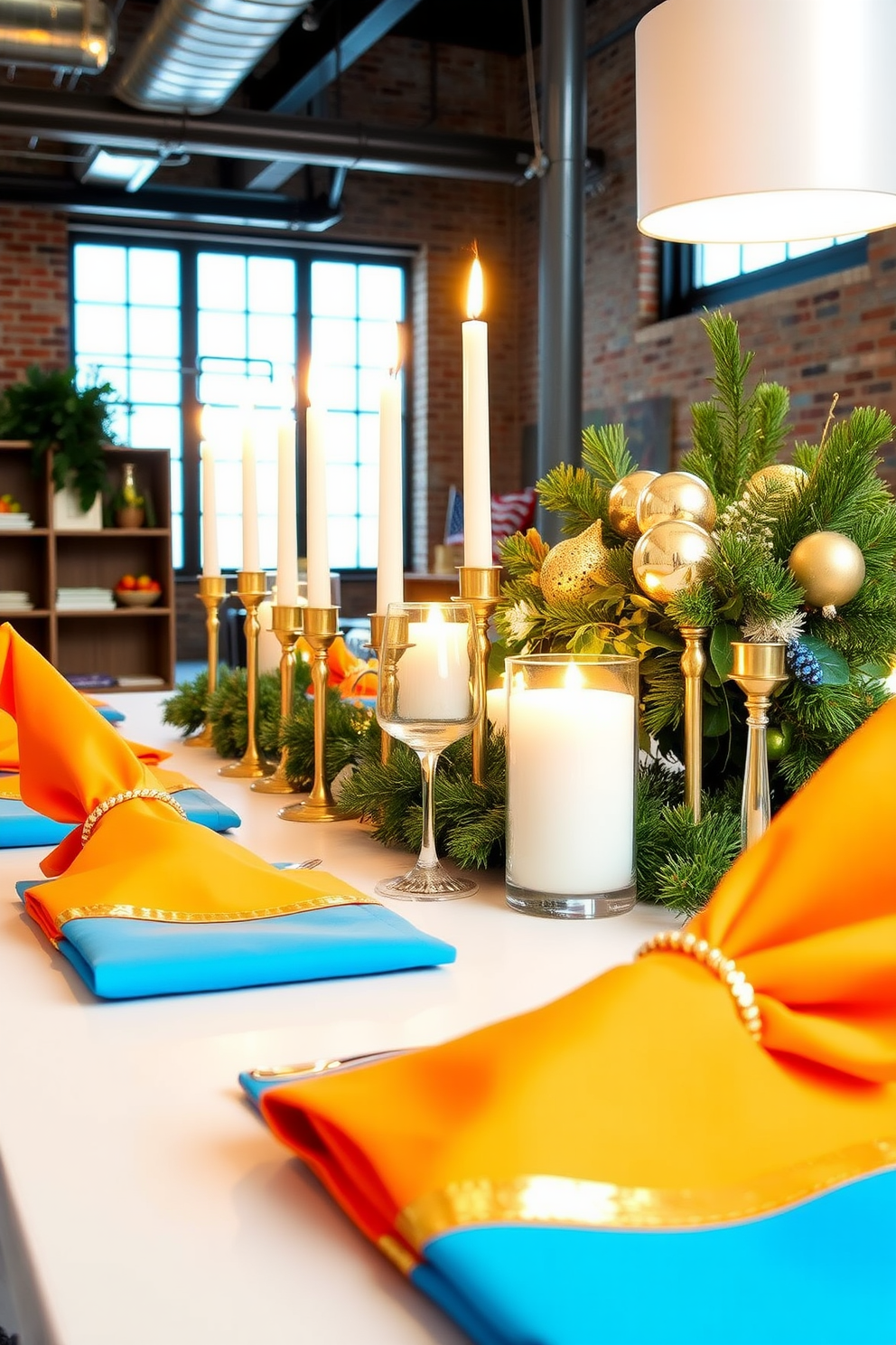 Brightly colored napkins with gold accents are elegantly arranged on a festive table. The table is adorned with shimmering gold candles and a beautiful centerpiece featuring seasonal greenery and ornaments. Loft-style decor for Hanukkah embraces modern aesthetics with a cozy atmosphere. Incorporate industrial elements like exposed brick and metal fixtures alongside traditional symbols of the holiday for a unique celebration.