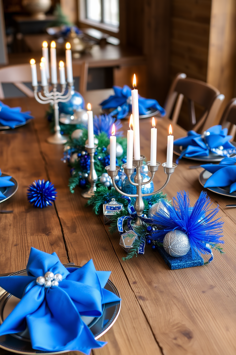 A rustic wooden table is adorned with festive centerpieces that capture the spirit of Hanukkah. The table features vibrant blue and silver decorations, including menorahs and decorative dreidels, creating a warm and inviting atmosphere.