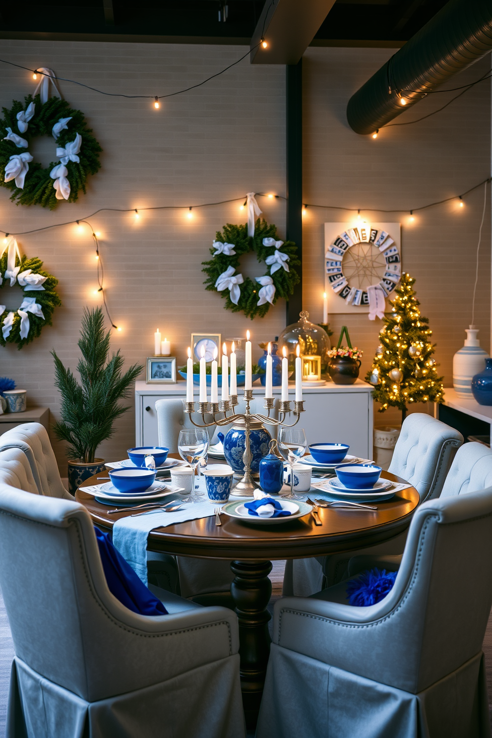 A cozy loft space adorned for Hanukkah celebrations. Festive wreaths with blue and white hues are hung on the walls, complemented by string lights that create a warm ambiance. The dining table is set with elegant blue and white tableware, surrounded by plush chairs. A beautiful menorah sits at the center, surrounded by decorative items that reflect the spirit of the holiday.