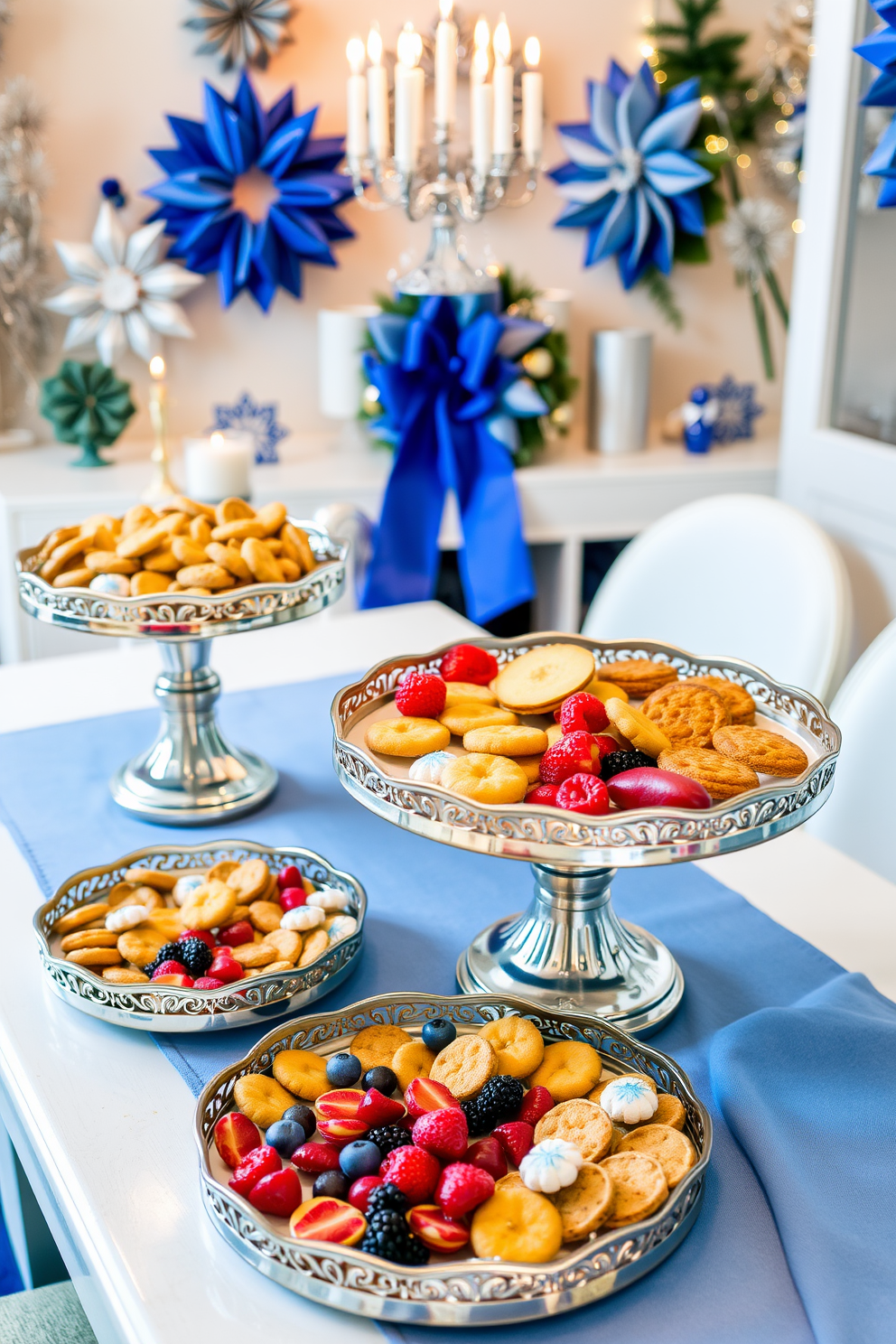 A festive display of decorative trays arranged on a beautifully set table. The trays are filled with an assortment of holiday treats, including cookies, candies, and seasonal fruits, all elegantly presented for guests to enjoy. The backdrop features cozy Hanukkah decorations, with blue and silver accents that complement the festive atmosphere. Soft lighting illuminates the scene, enhancing the warmth and inviting ambiance of the celebration.