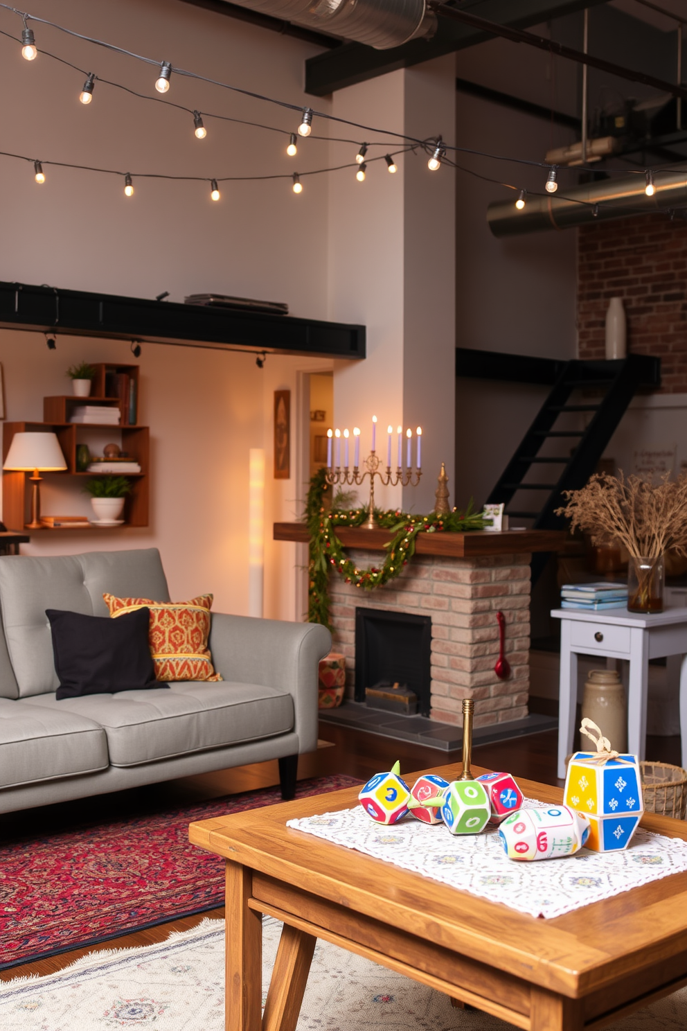 A cozy loft space adorned with a blend of modern and traditional decor elements. The room features a sleek contemporary sofa paired with a vintage wooden coffee table, creating an inviting atmosphere. String lights hang from the ceiling, illuminating a beautifully decorated Hanukkah menorah placed on the mantel. Colorful dreidels and traditional gelt are artfully arranged on a side table, adding festive charm to the space.