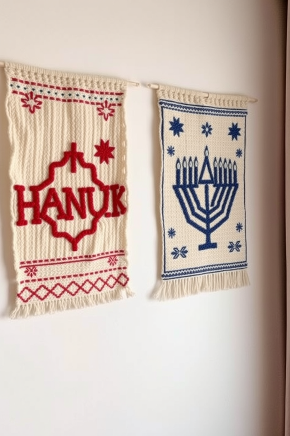 Textured wall hangings adorned with festive holiday symbols create a warm and inviting atmosphere. The soft colors and intricate patterns reflect the spirit of Hanukkah, enhancing the loft's decor.