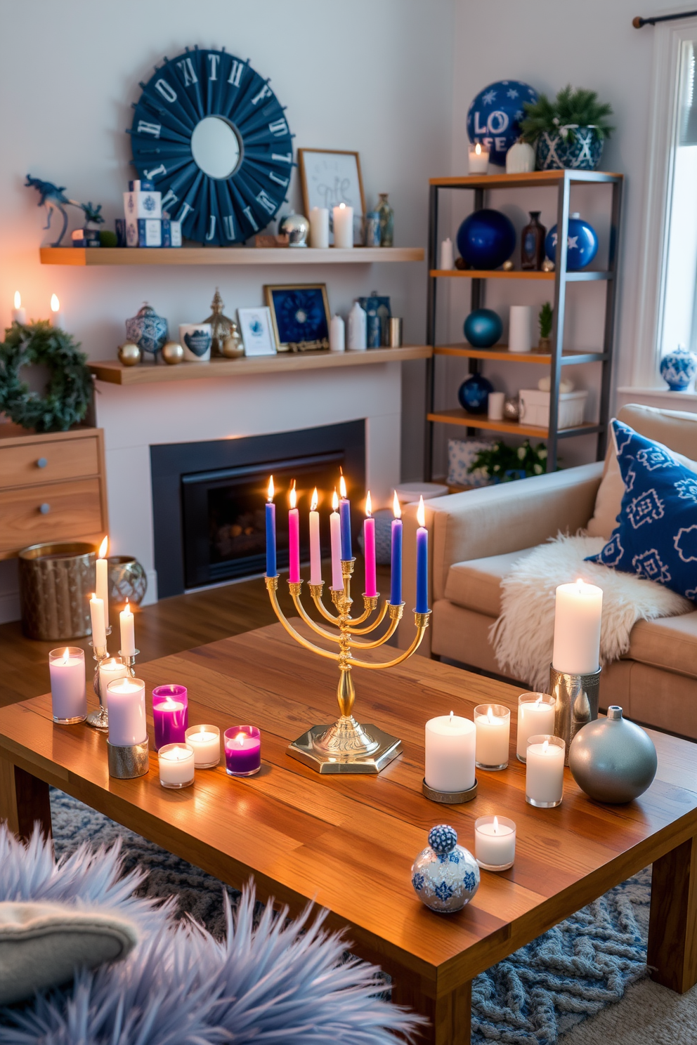 A cozy loft decorated for Hanukkah, featuring a beautifully arranged menorah on a wooden coffee table surrounded by an assortment of colorful candles. Soft, warm lighting enhances the atmosphere, while festive blue and silver decorations adorn the walls and shelves. Seasonal scents fill the air from elegantly placed candles and diffusers, creating a welcoming ambiance. The space is adorned with plush textiles and festive ornaments that celebrate the spirit of the holiday.