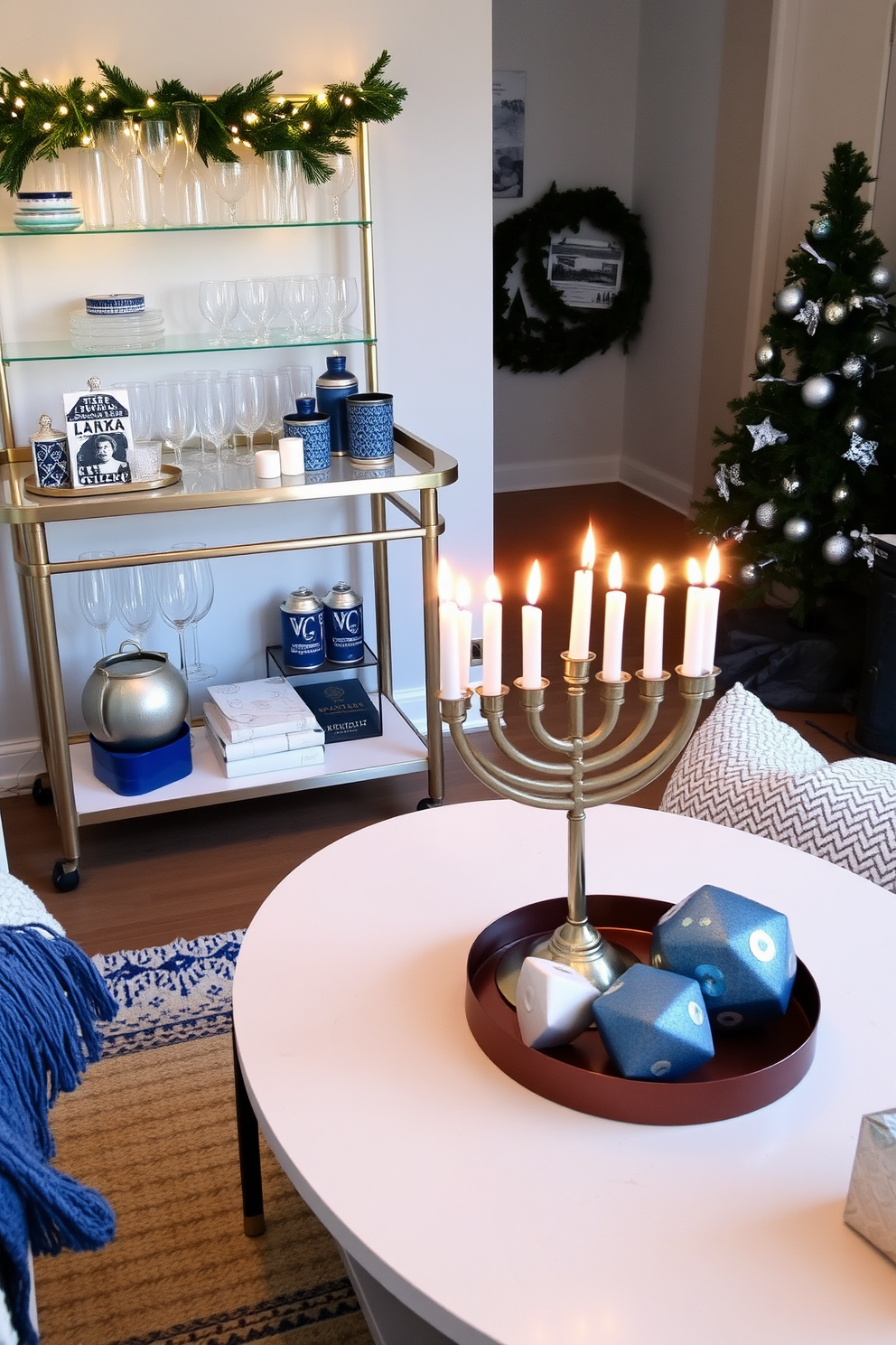 A stylish bar cart is elegantly arranged for holiday drinks. It features a mix of glassware and festive decorations, with twinkling lights and seasonal greenery adorning the shelves. For a cozy loft during Hanukkah, the decor includes blue and silver accents throughout the space. A beautifully lit menorah takes center stage on the coffee table, surrounded by decorative dreidels and soft textiles.