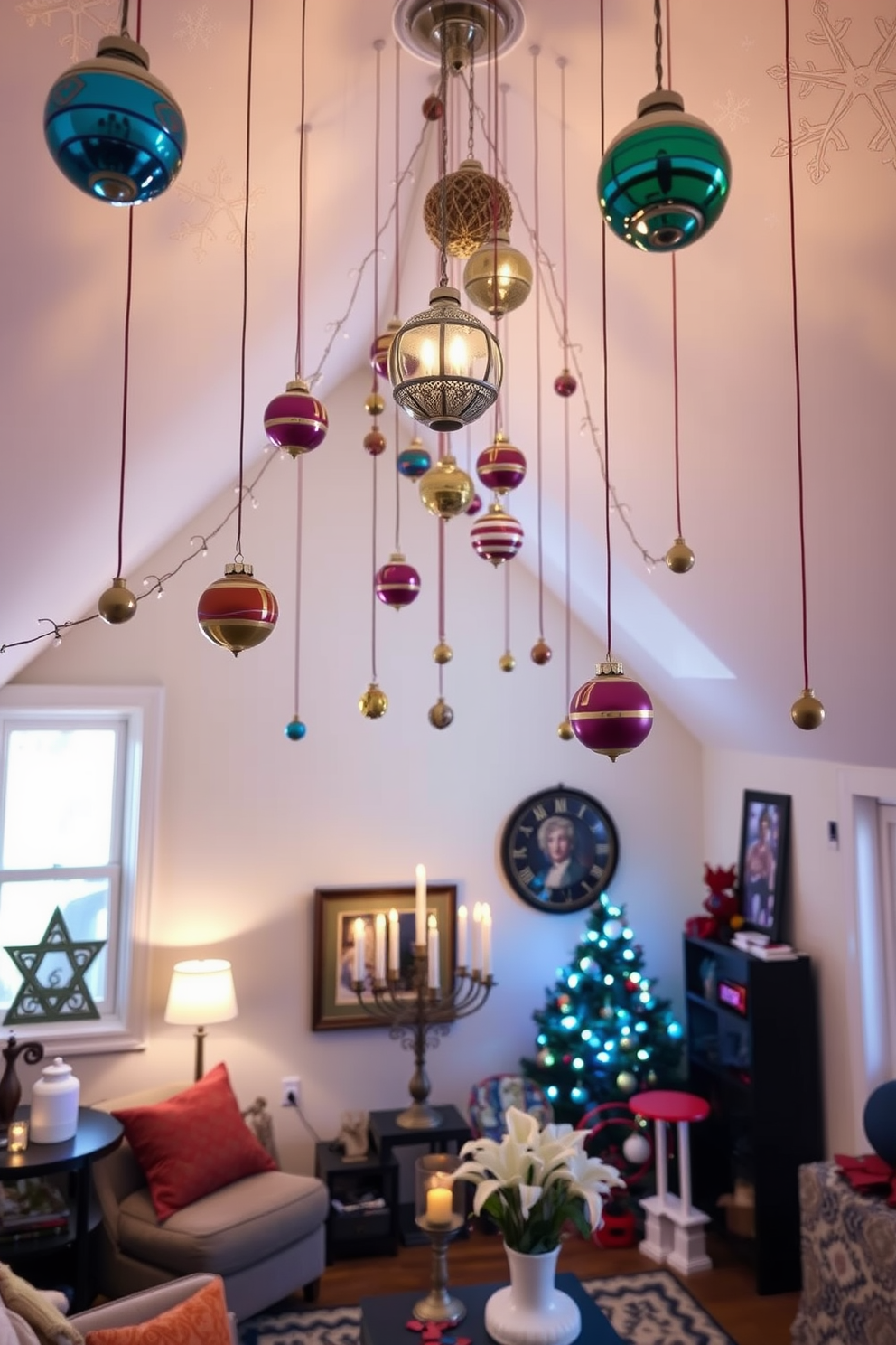 Create a cozy loft space adorned with hanging ornaments from the ceiling to add flair for Hanukkah. The decor features a mix of traditional and modern elements, with soft lighting and vibrant colors that celebrate the festive spirit.