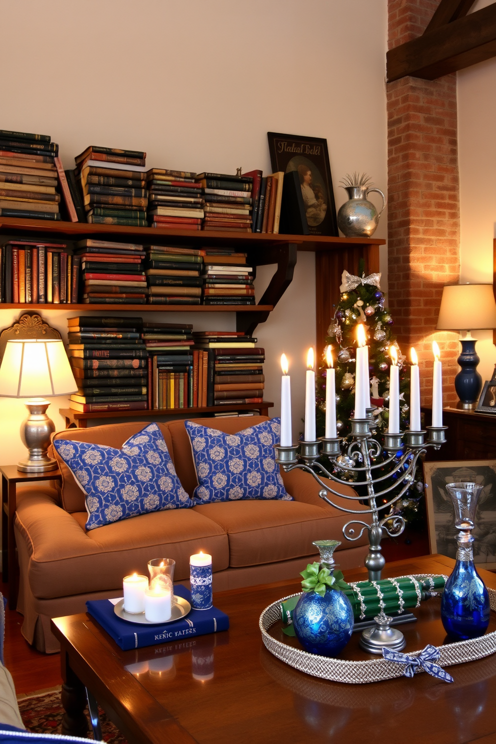 A cozy loft space featuring vintage books stacked on a rustic wooden shelf. The warm lighting creates an inviting atmosphere, highlighting the rich textures of the books and the surrounding decor. For Hanukkah, the loft is adorned with elegant blue and silver accents. A beautifully arranged menorah sits on the coffee table, complemented by soft candlelight and festive decorations throughout the room.