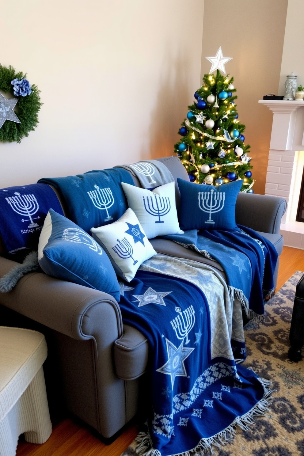 A cozy living room adorned with charming holiday-themed throw blankets in various shades of blue and silver. The blankets are draped over a plush gray sofa, complemented by decorative pillows featuring menorah and star motifs. In one corner, a beautifully decorated Hanukkah tree stands, adorned with blue and white ornaments and twinkling lights. A warm glow emanates from a nearby fireplace, enhancing the festive atmosphere with a touch of elegance.